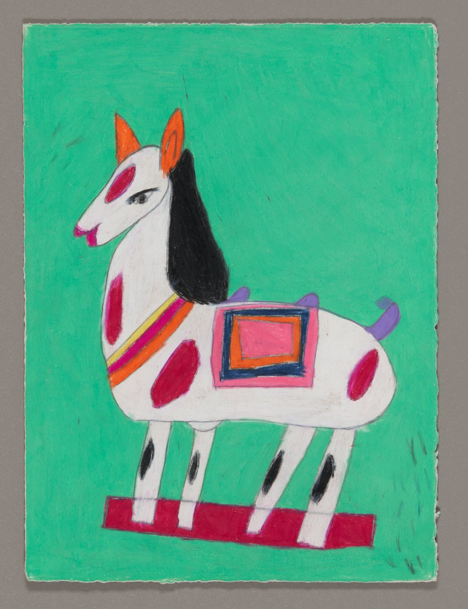 Drawing of a white horse with black mane and colorful markings on bright green background, colored pencil on paper