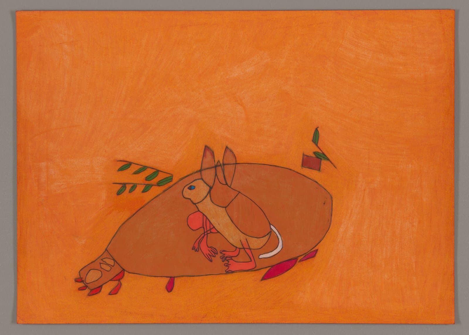 Drawing of a brown rabbit-like creature with green wings and colorful details on bright orange paper