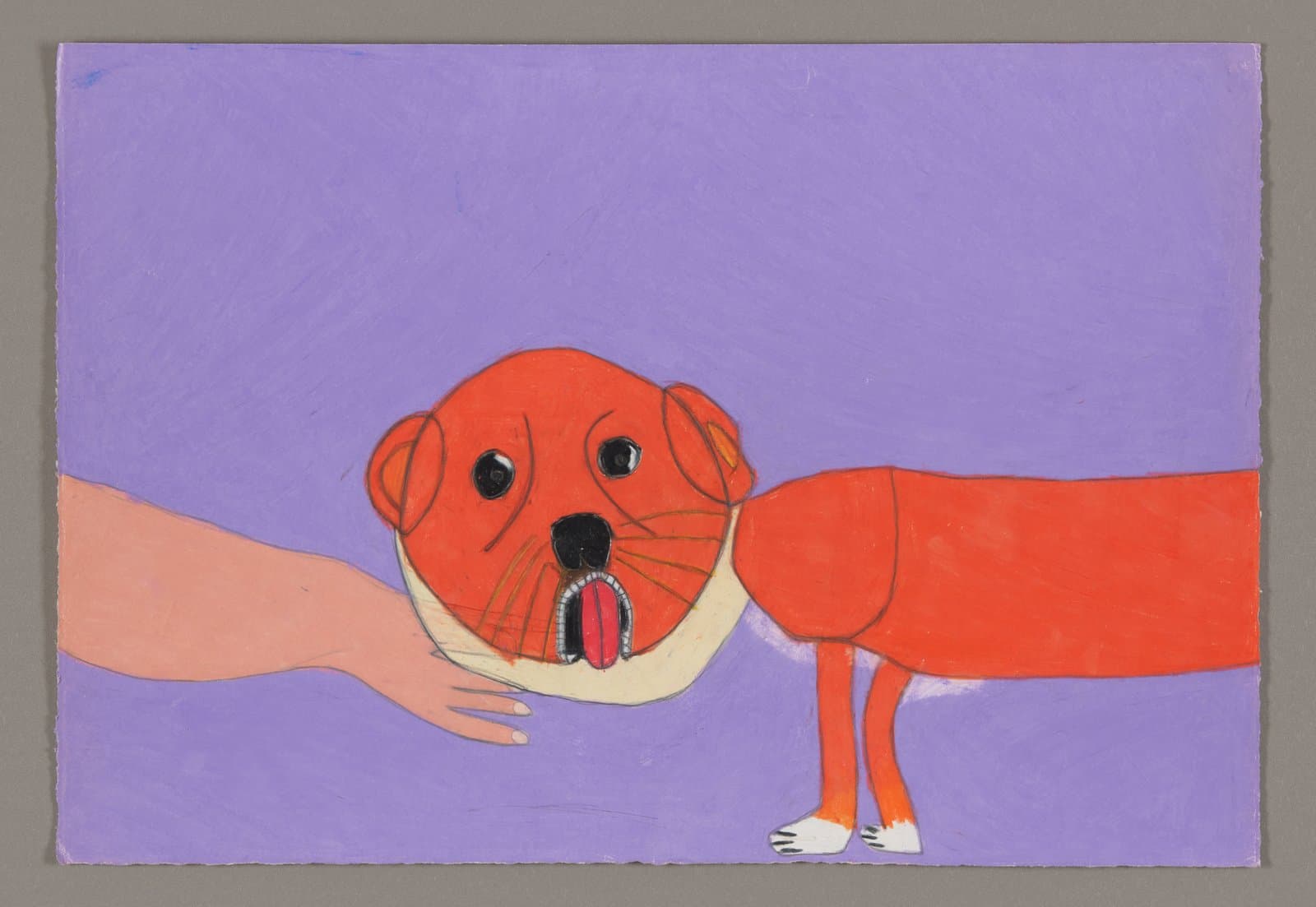 Drawing of orange dog with extended tongue being petted by human hand on purple background, color stix on paper