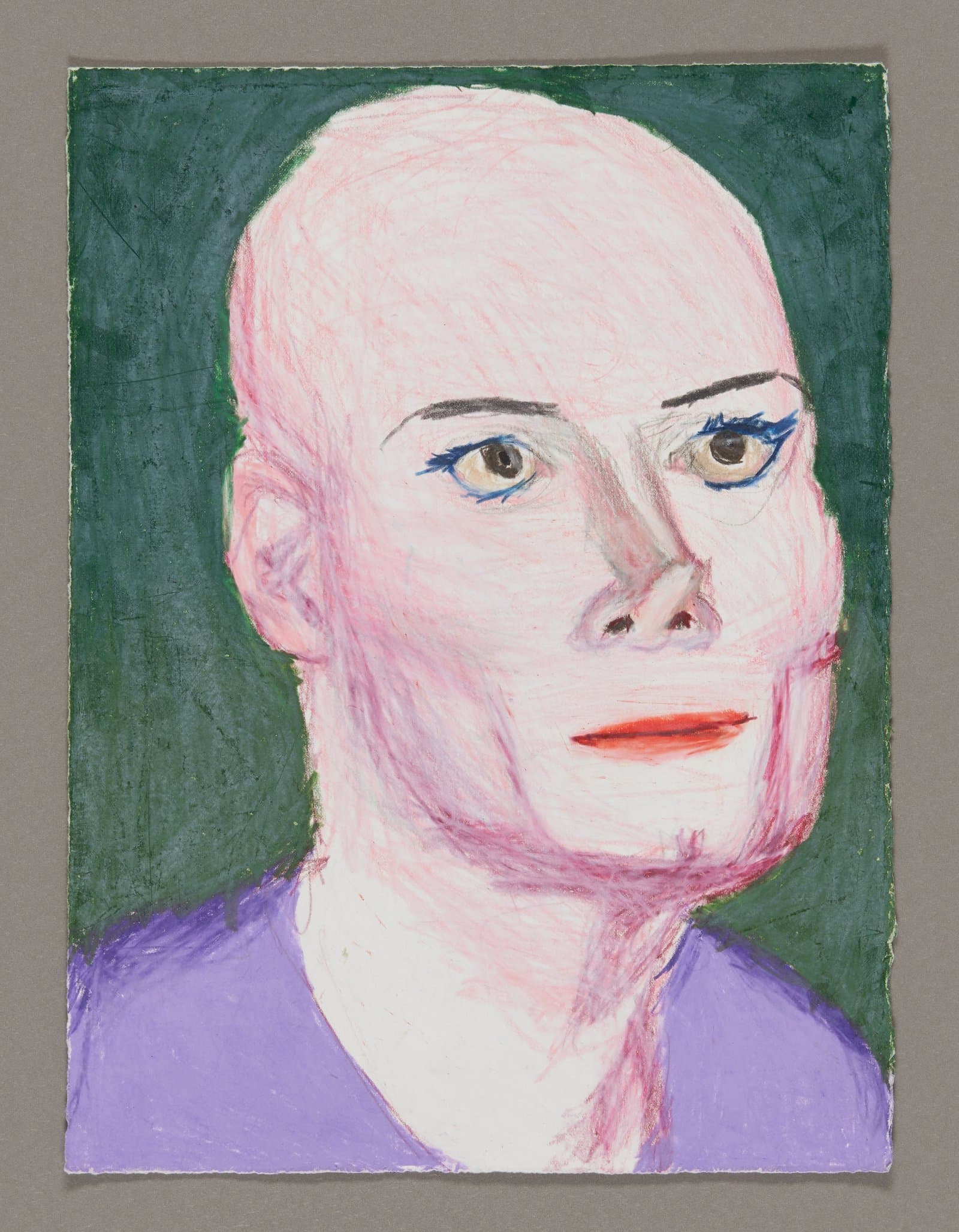Portrait drawing of a figure with pale skin and short hair, colored pencil and Color Stix on paper