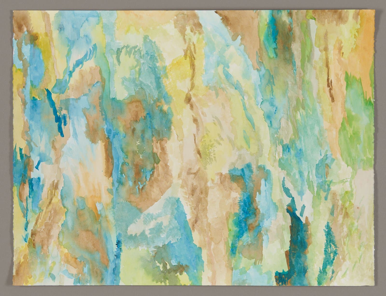 Abstract watercolor painting with flowing vertical bands of blue, green, yellow, and brown colors