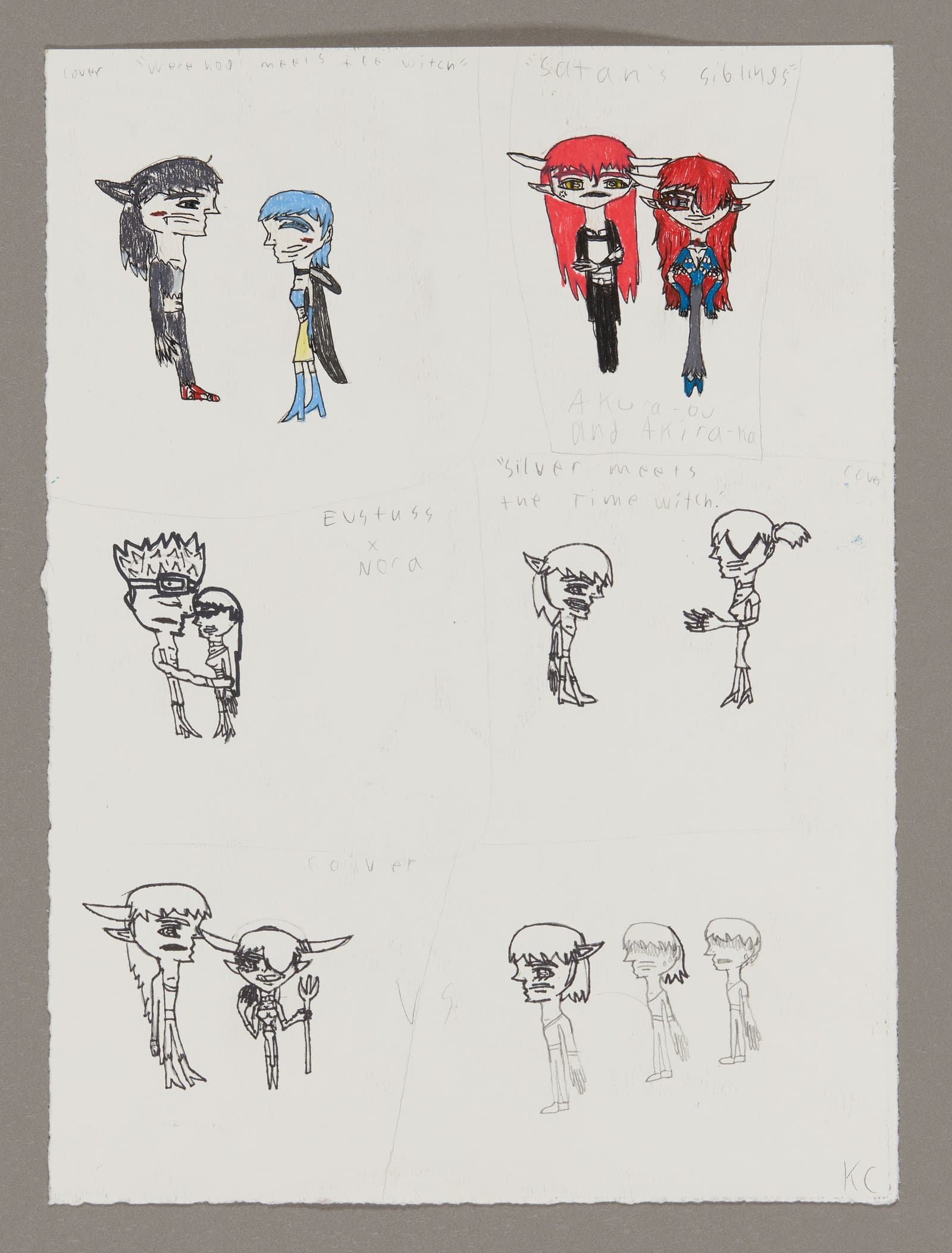 Drawing with multiple character sketches arranged in groups, showing anime-style figures with horns and varied hair colors