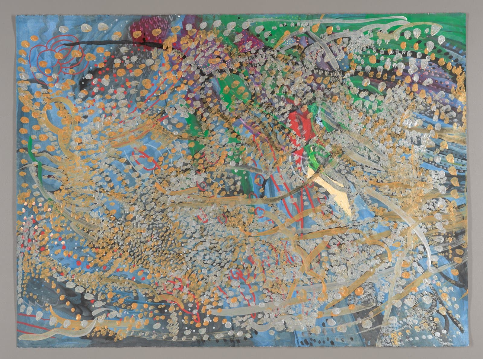 Abstract painting with swirling patterns, colorful dots, and layered brushstrokes in acrylic on paper