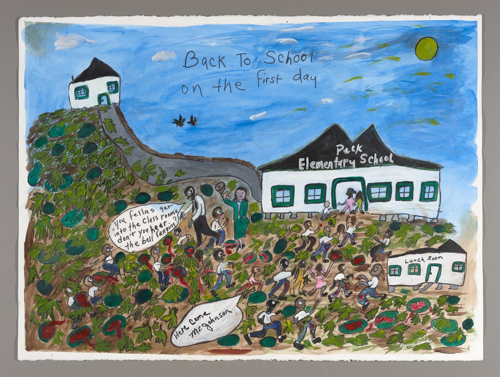 Mixed media drawing of school scene with buildings, children, and text reading 'Back To School on the First day'