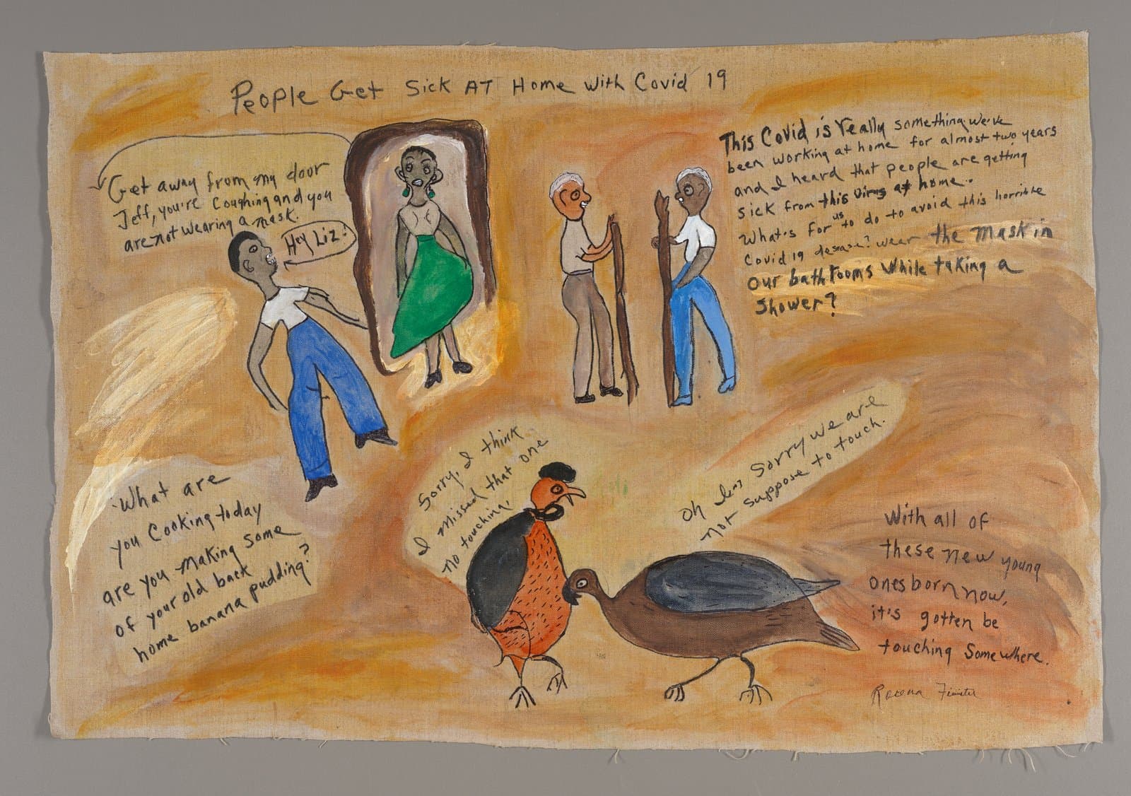 Mixed media drawing showing people and birds with handwritten text about COVID-19 on orange-brown background