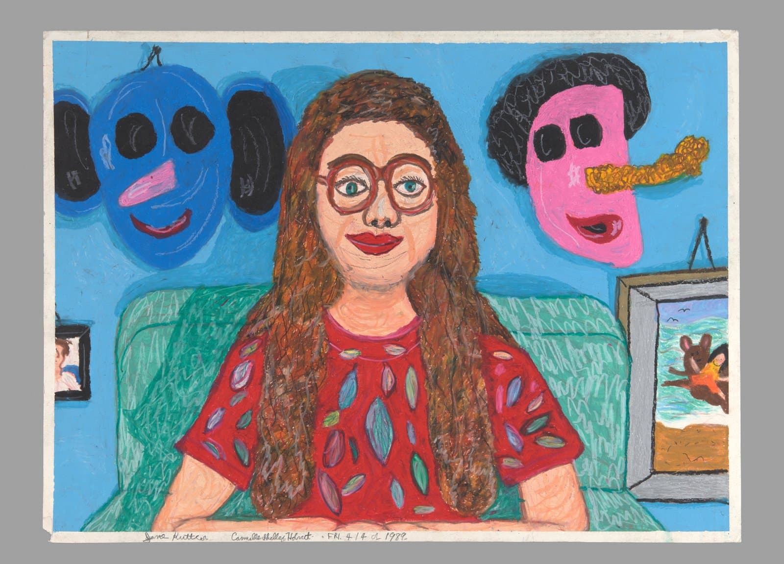 Oil pastel portrait of a person with long brown hair and glasses wearing a red patterned shirt, with colorful masks on wall