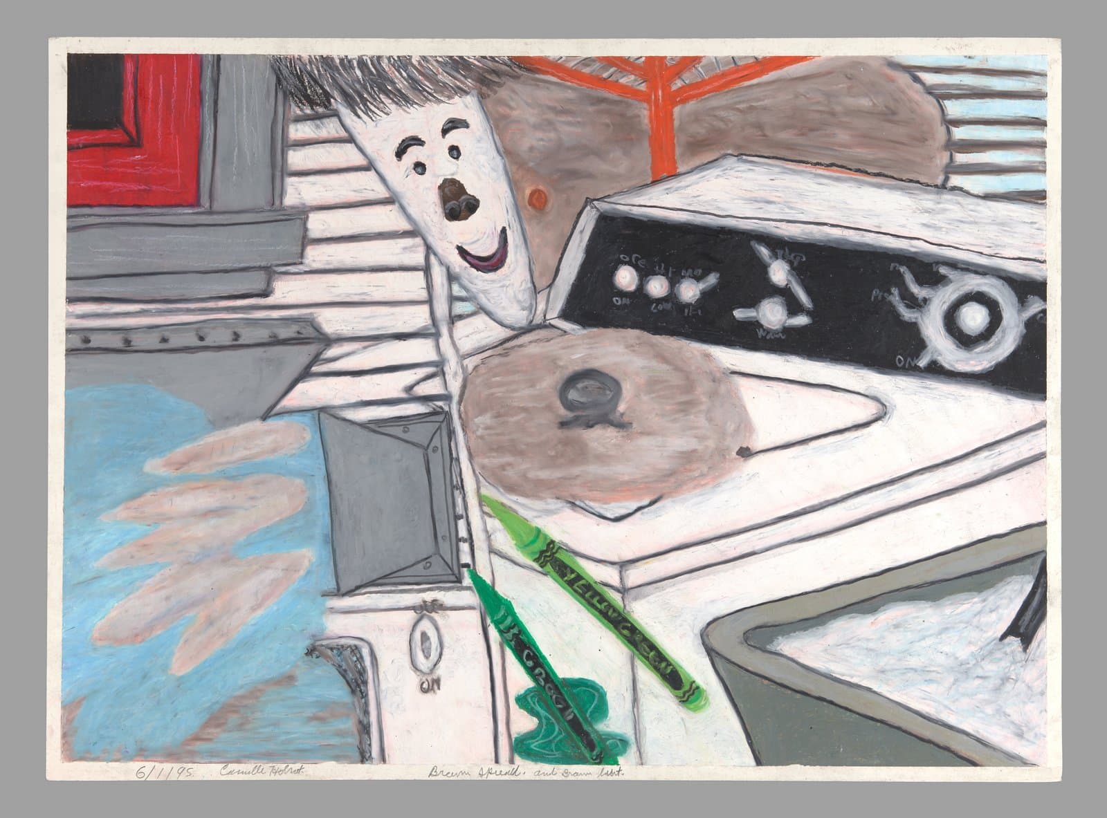 Drawing of a person with dark hair looking surprised next to kitchen appliances including a stove with donuts on top