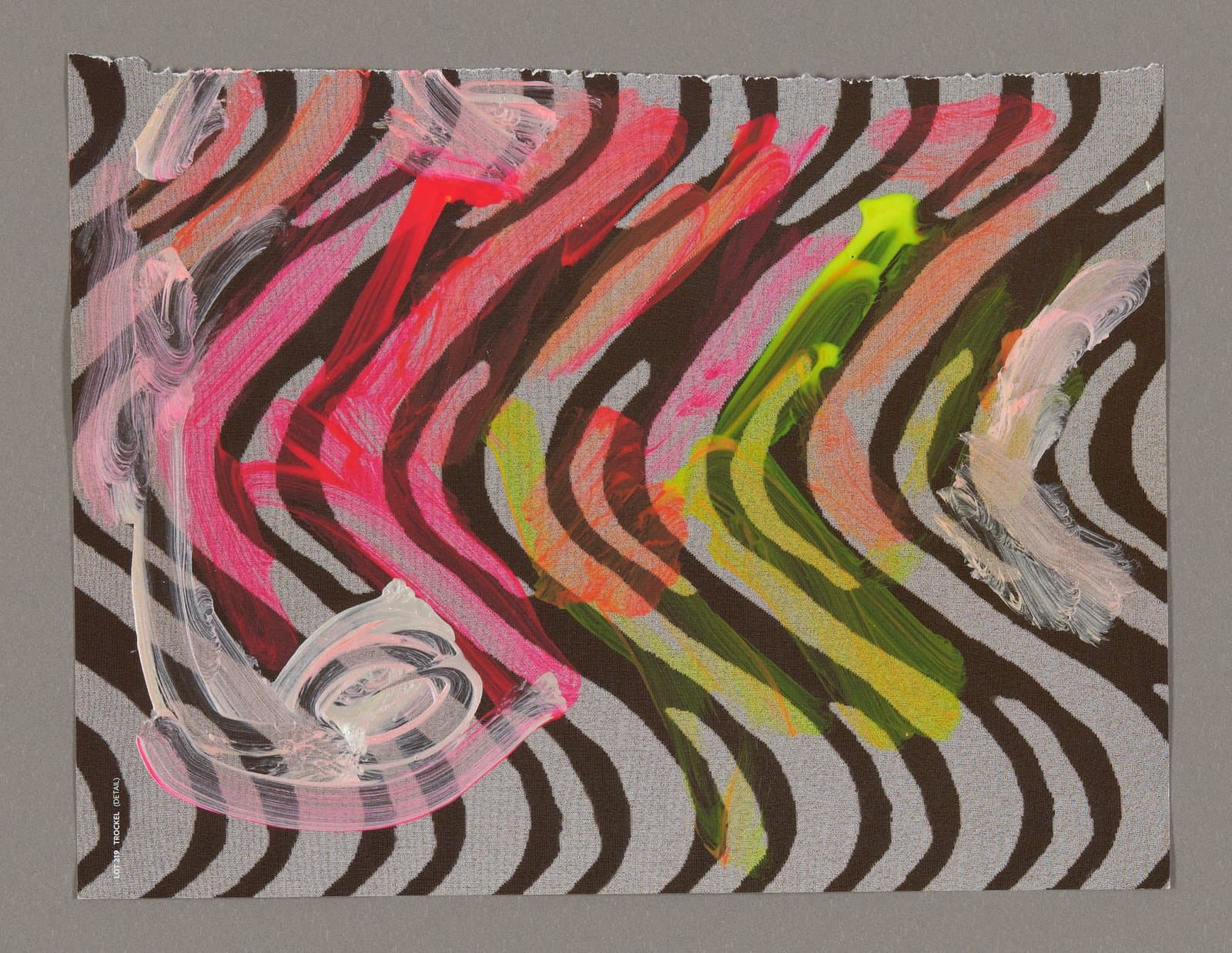 Abstract painting with flowing curved lines in pink, green, and brown acrylic on magazine pages