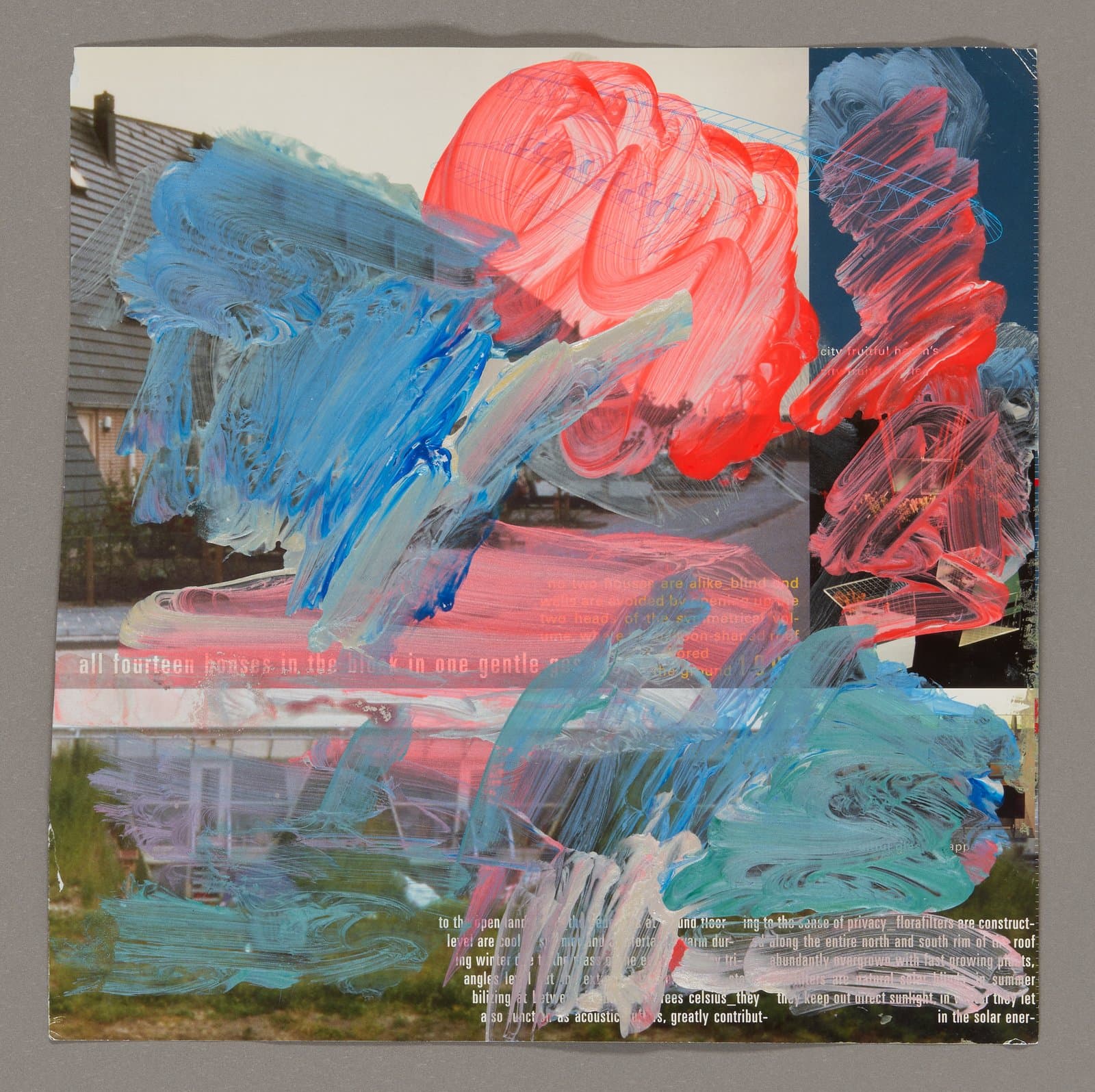 Mixed media artwork with bold acrylic paint strokes in red, blue, and teal over magazine pages