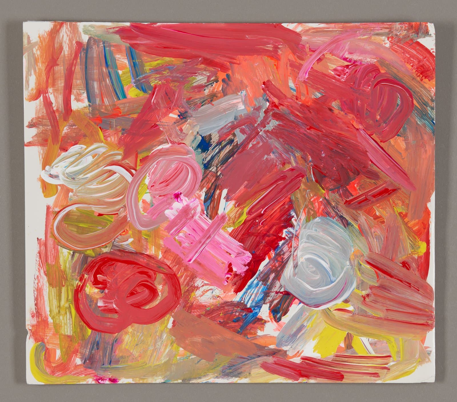 Abstract painting with energetic brushstrokes in red, pink, orange, and white swirls on white background