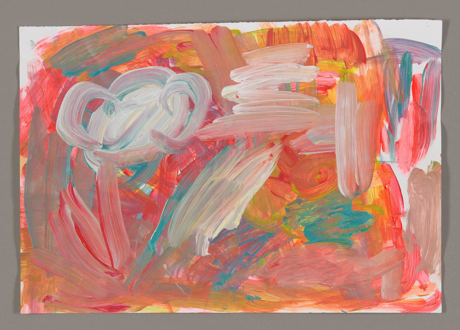 Abstract painting with energetic brushstrokes in coral, pink, orange, and teal acrylic on white paper
