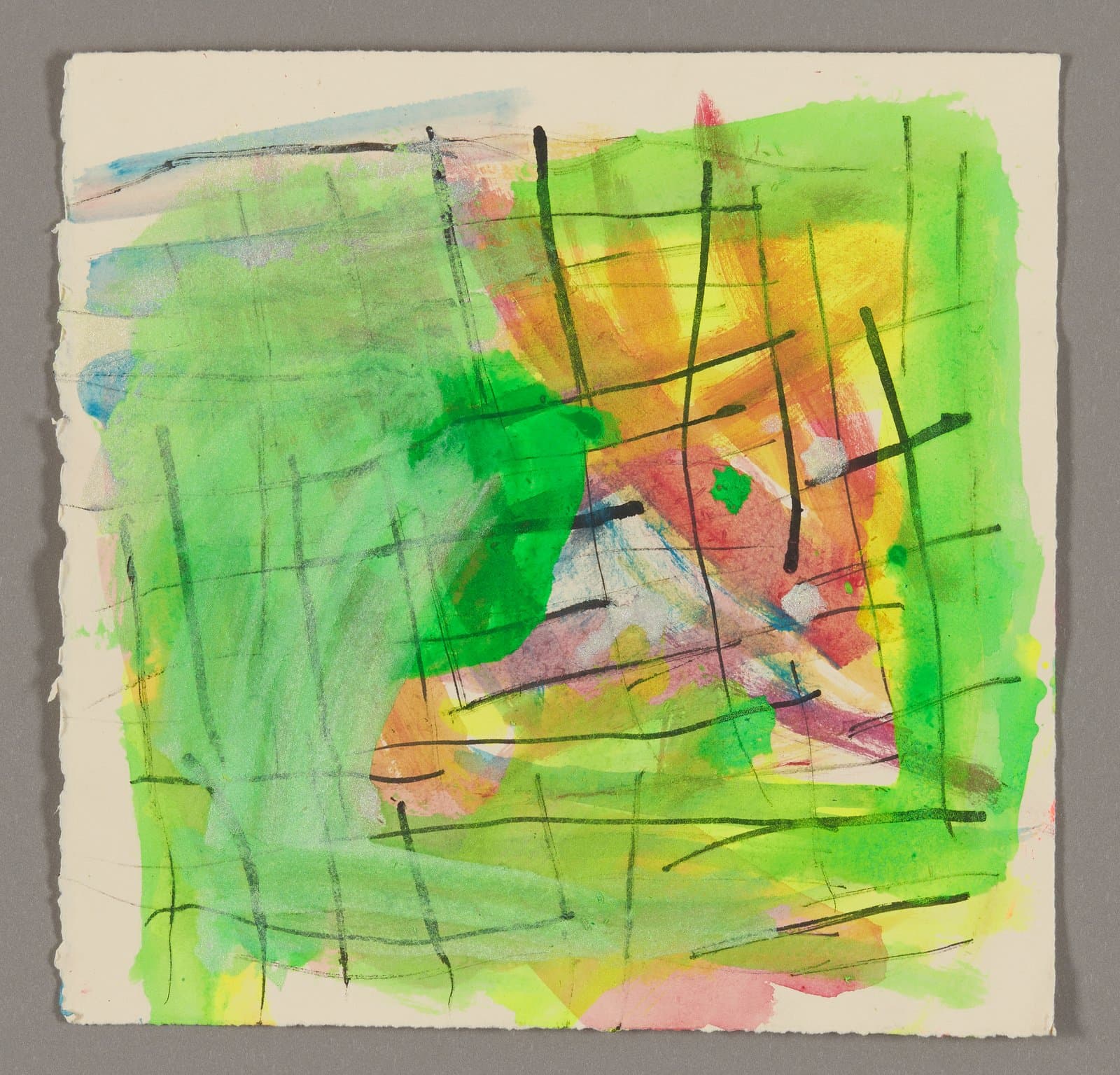 Abstract painting with green washes, colorful center forms, and black linear marks on white paper