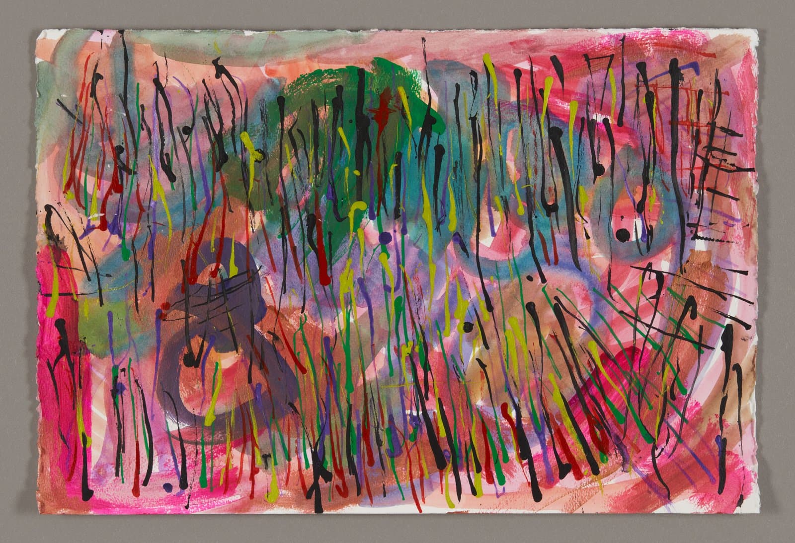 Abstract painting with vibrant dripping paint in greens, pinks, and purples with black linear marks on paper
