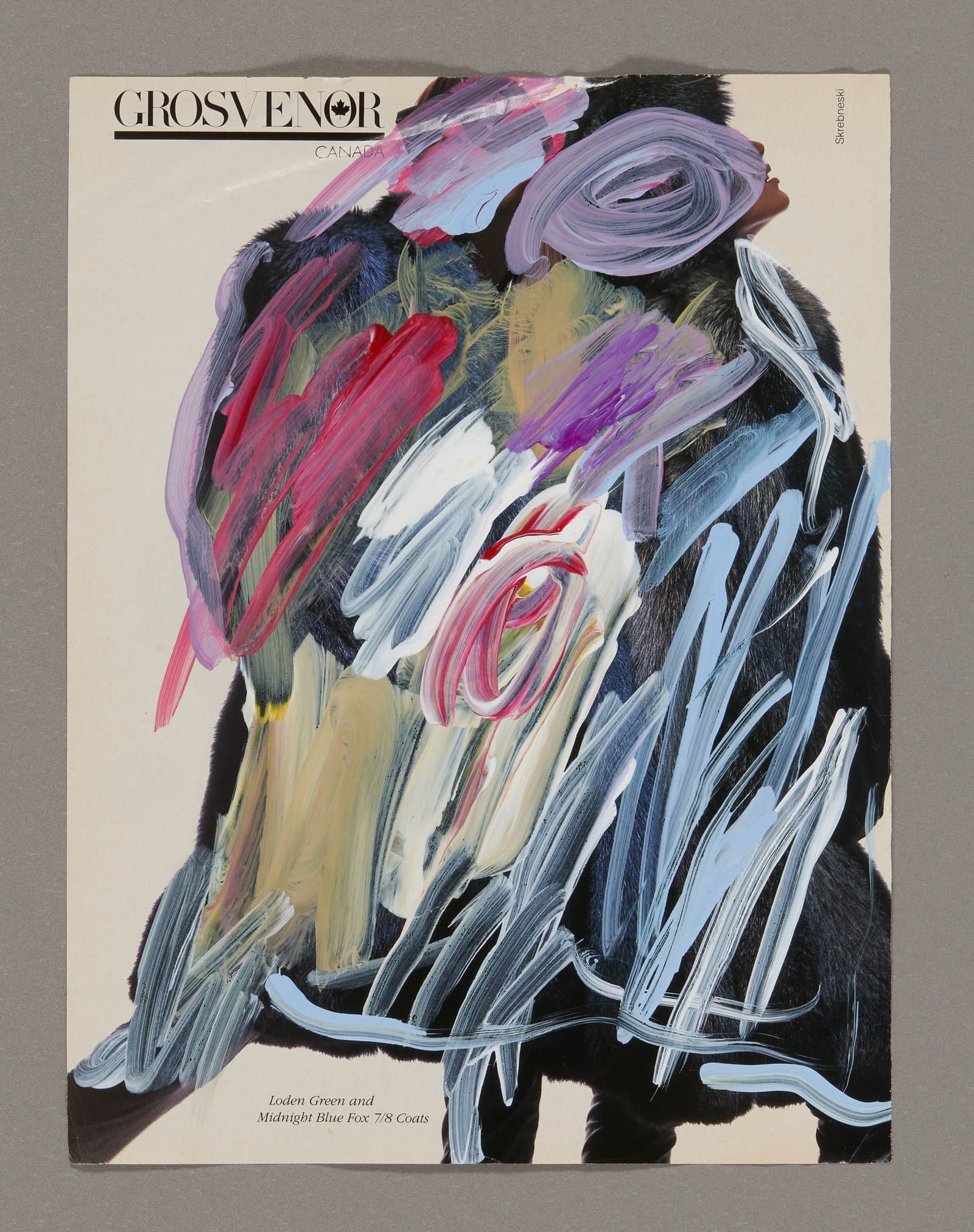 Mixed media painting with expressive brushstrokes in purple, pink, and blue over a Grosvenor Canada magazine page