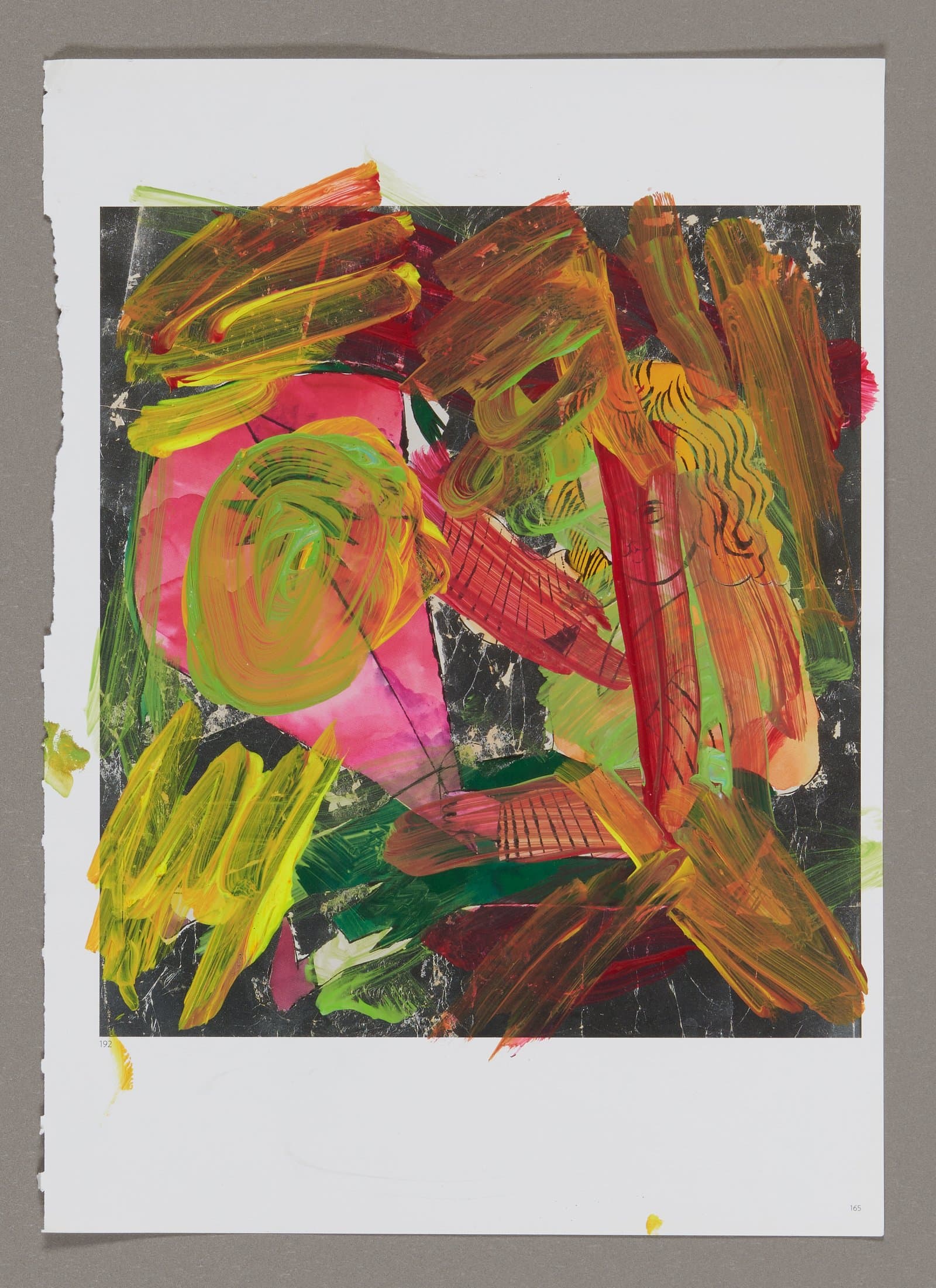 Abstract mixed media artwork with bold brushstrokes in orange, green, yellow, and pink on magazine page background