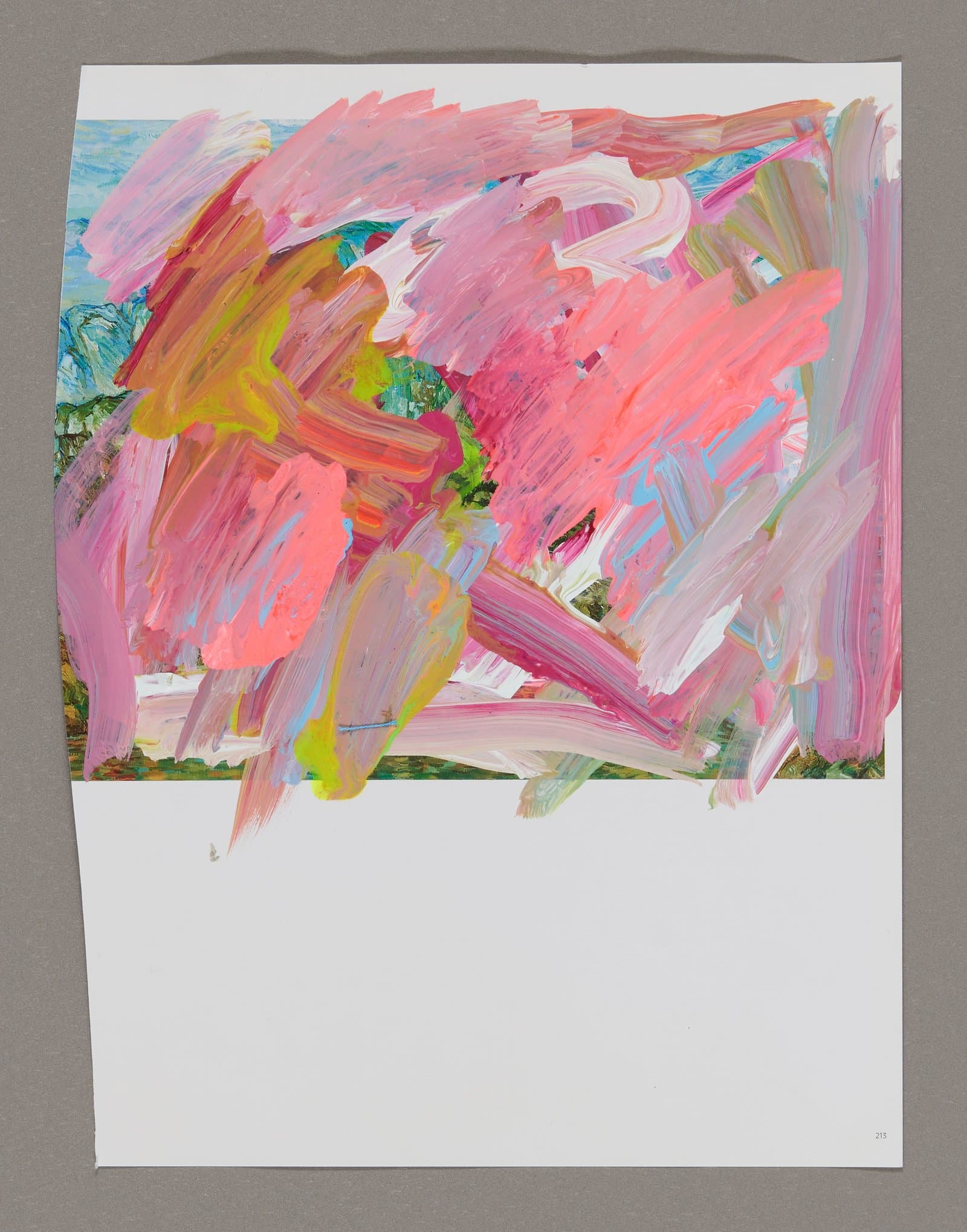Abstract acrylic painting on magazine with energetic pink, coral, and yellow brushstrokes covering upper portion of white page