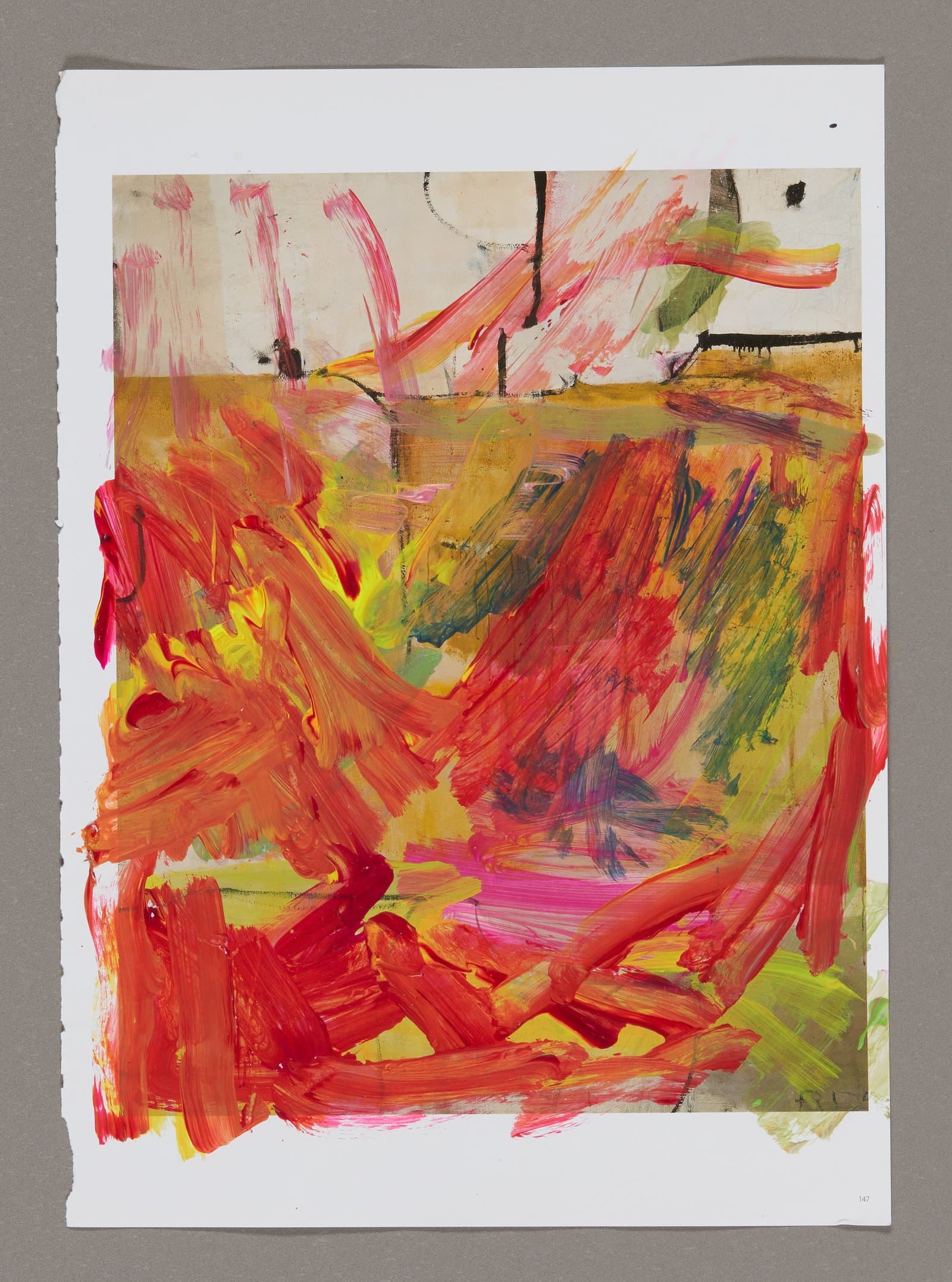 Abstract painting with energetic brushstrokes in red, yellow, and green acrylic paint on magazine paper