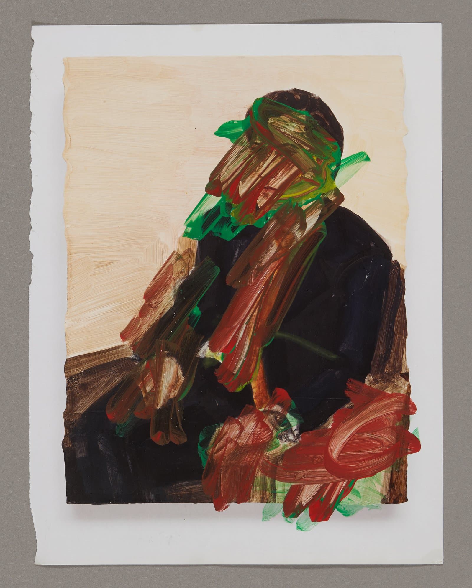 Acrylic painting on magazine showing an abstract figure in black clothing with green and red brushstrokes