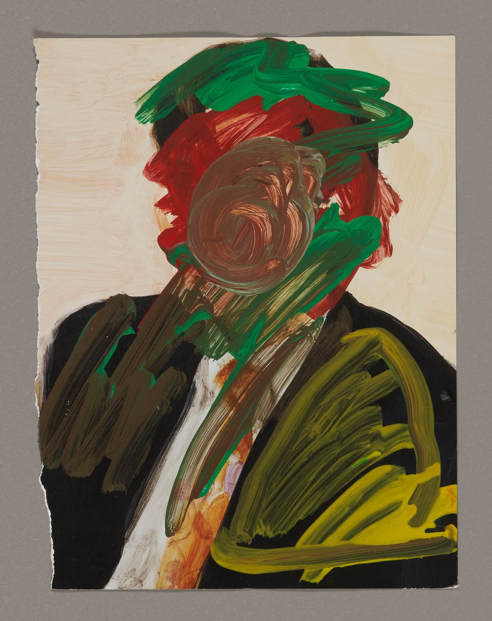 Acrylic painting on magazine showing abstract portrait with swirling green, red, and brown brushstrokes over figure