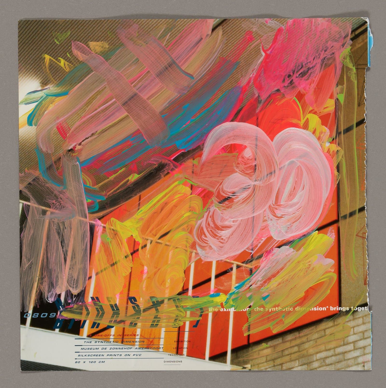 Mixed media artwork with vibrant pink, orange, and yellow acrylic paint over magazine pages