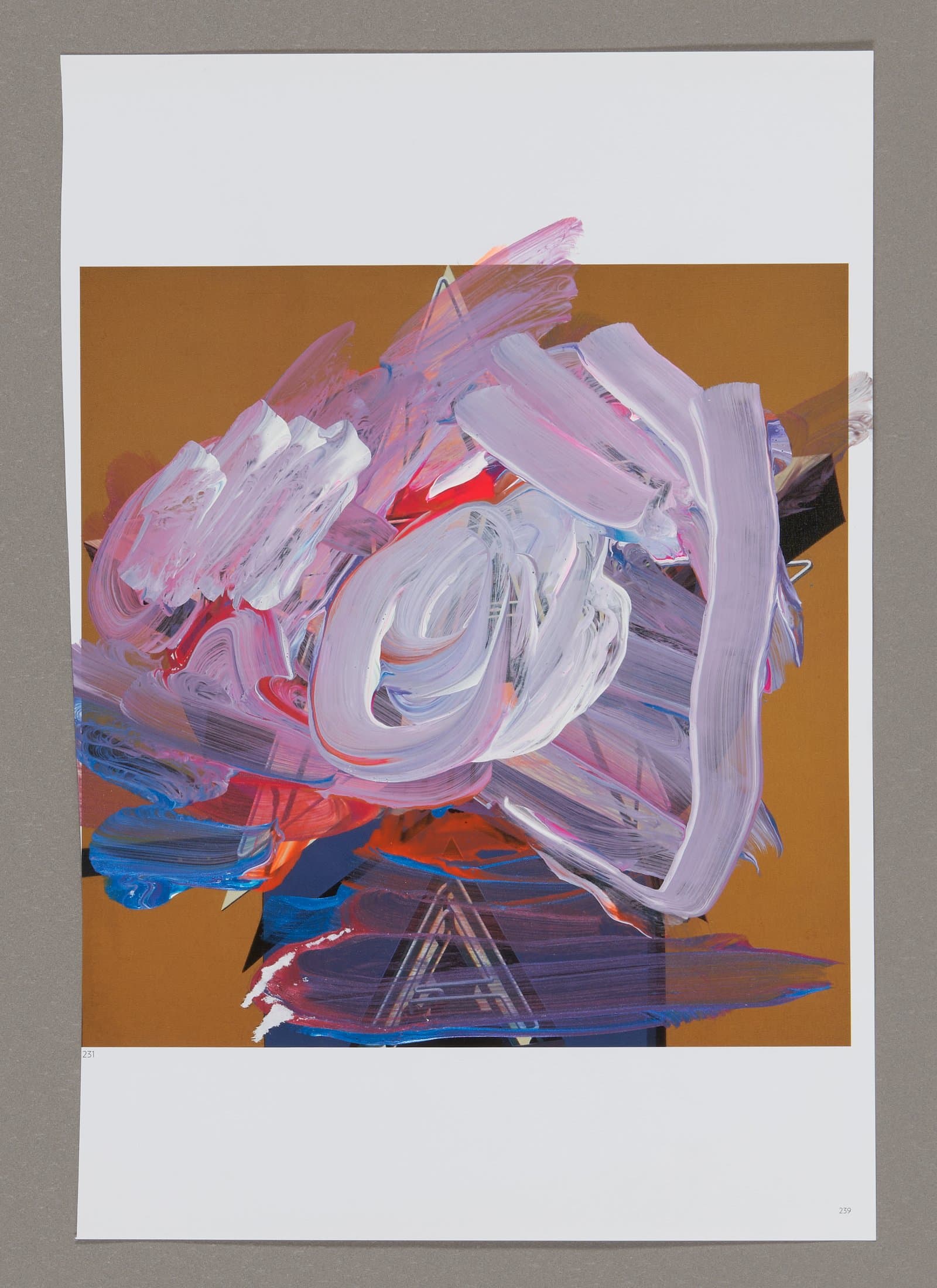 Abstract painting with energetic purple and pink brushstrokes on brown background, acrylic on magazine