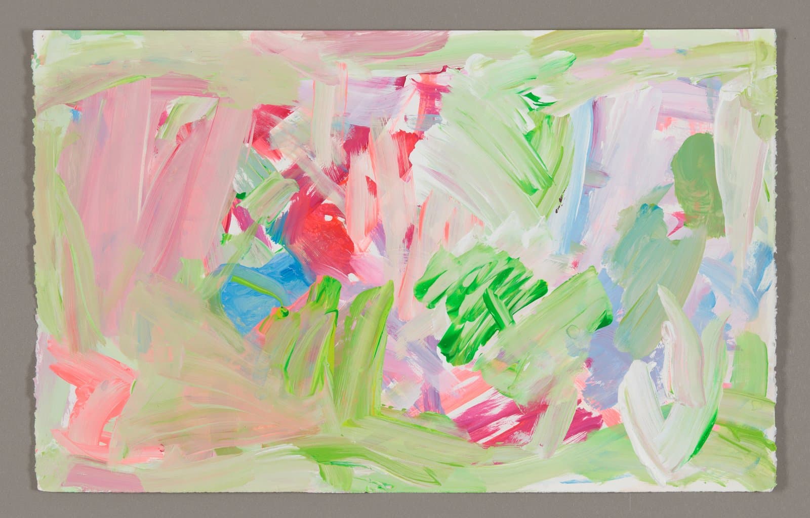 Abstract acrylic painting on paper with energetic brushstrokes in pink, green, blue, and white