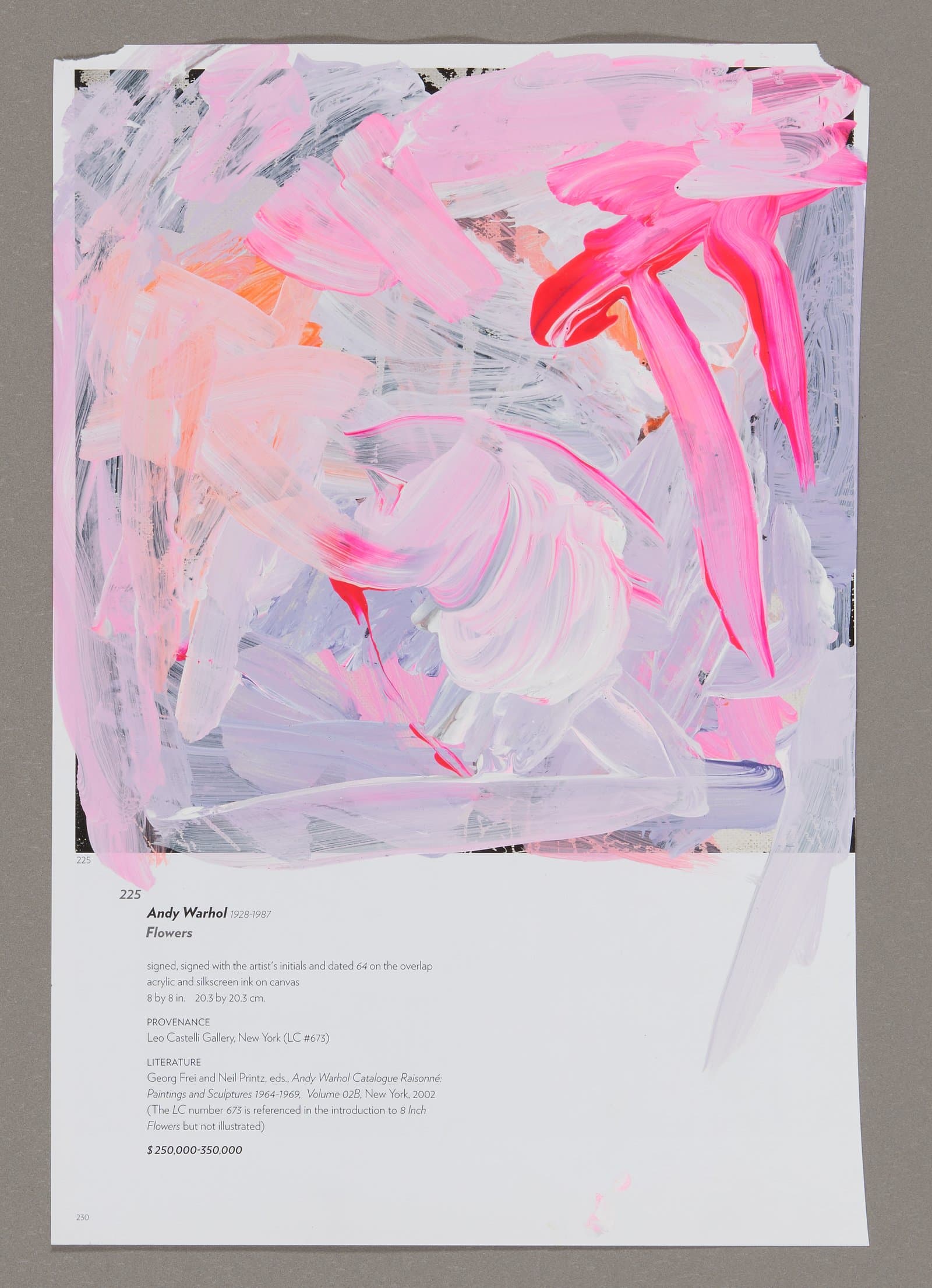 Abstract painting with energetic brushstrokes in pink, gray, and white, acrylic and silkscreen ink on canvas