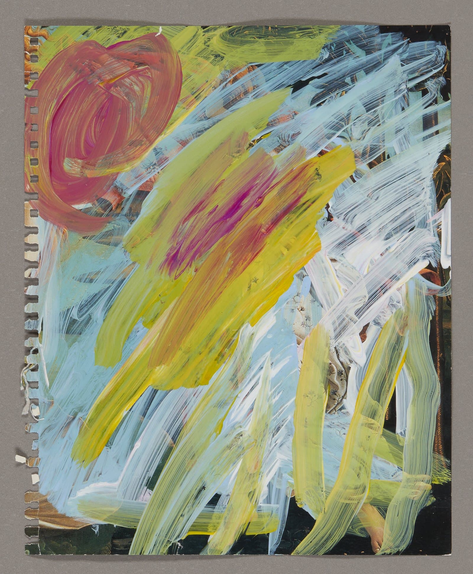 Abstract painting with energetic brushstrokes in yellow, blue, pink, and white acrylic on magazine page