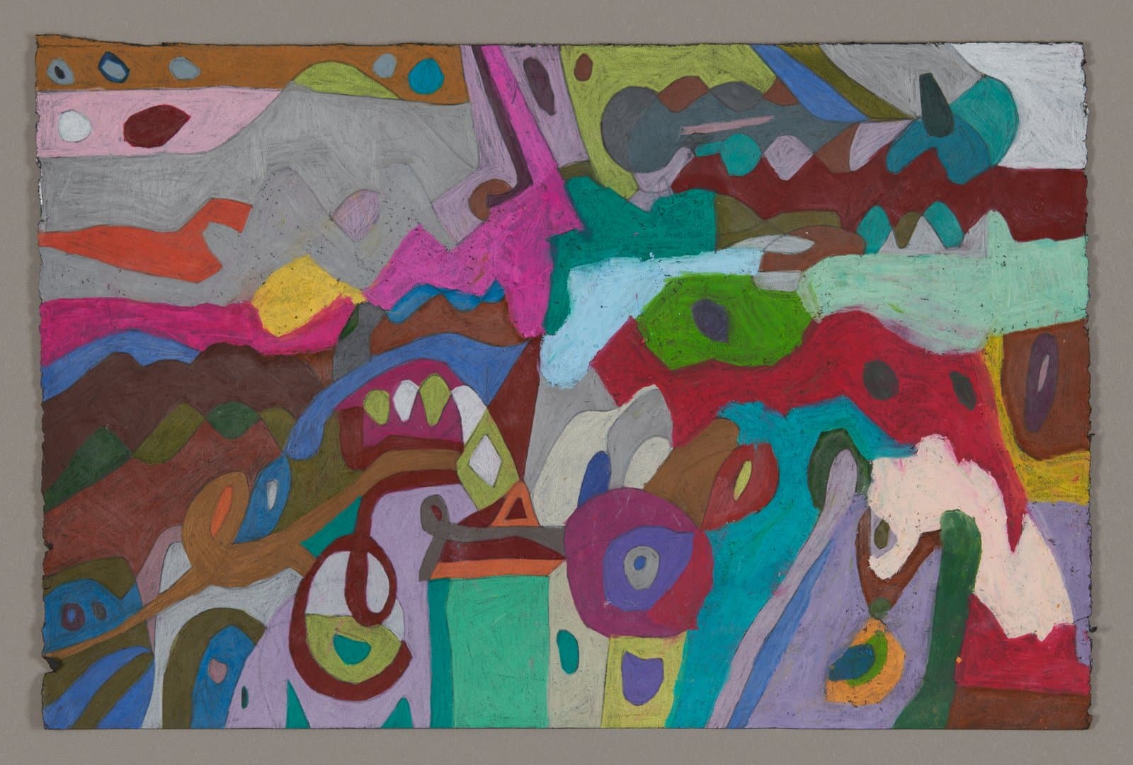 Abstract drawing with colorful geometric shapes, loops, and organic forms in mixed media on paper