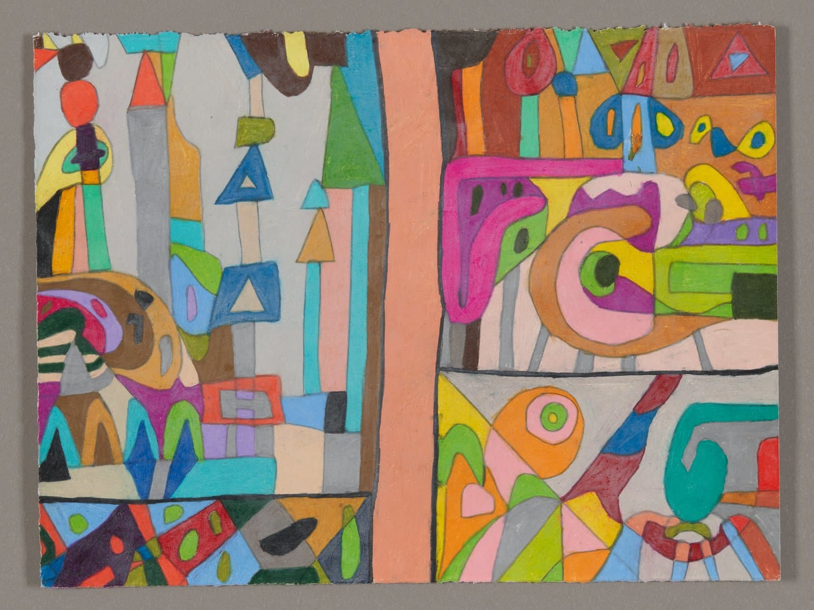 Abstract drawing with colorful geometric shapes and forms divided into two panels, created with Color Stix and graphite
