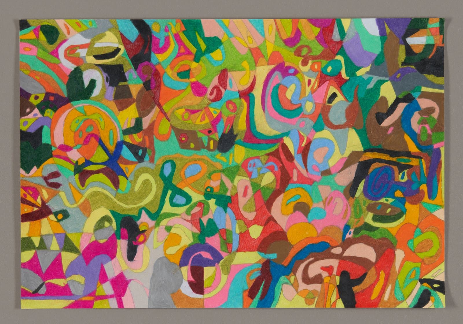 Abstract drawing with vibrant overlapping shapes and forms in multiple colors using Color Stix and graphite on paper