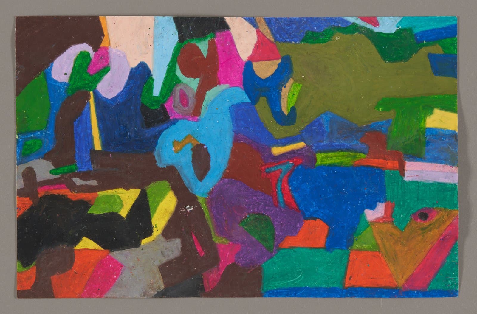 Abstract drawing with vibrant overlapping shapes in blues, greens, pinks, and other colors using Color Stix on paper