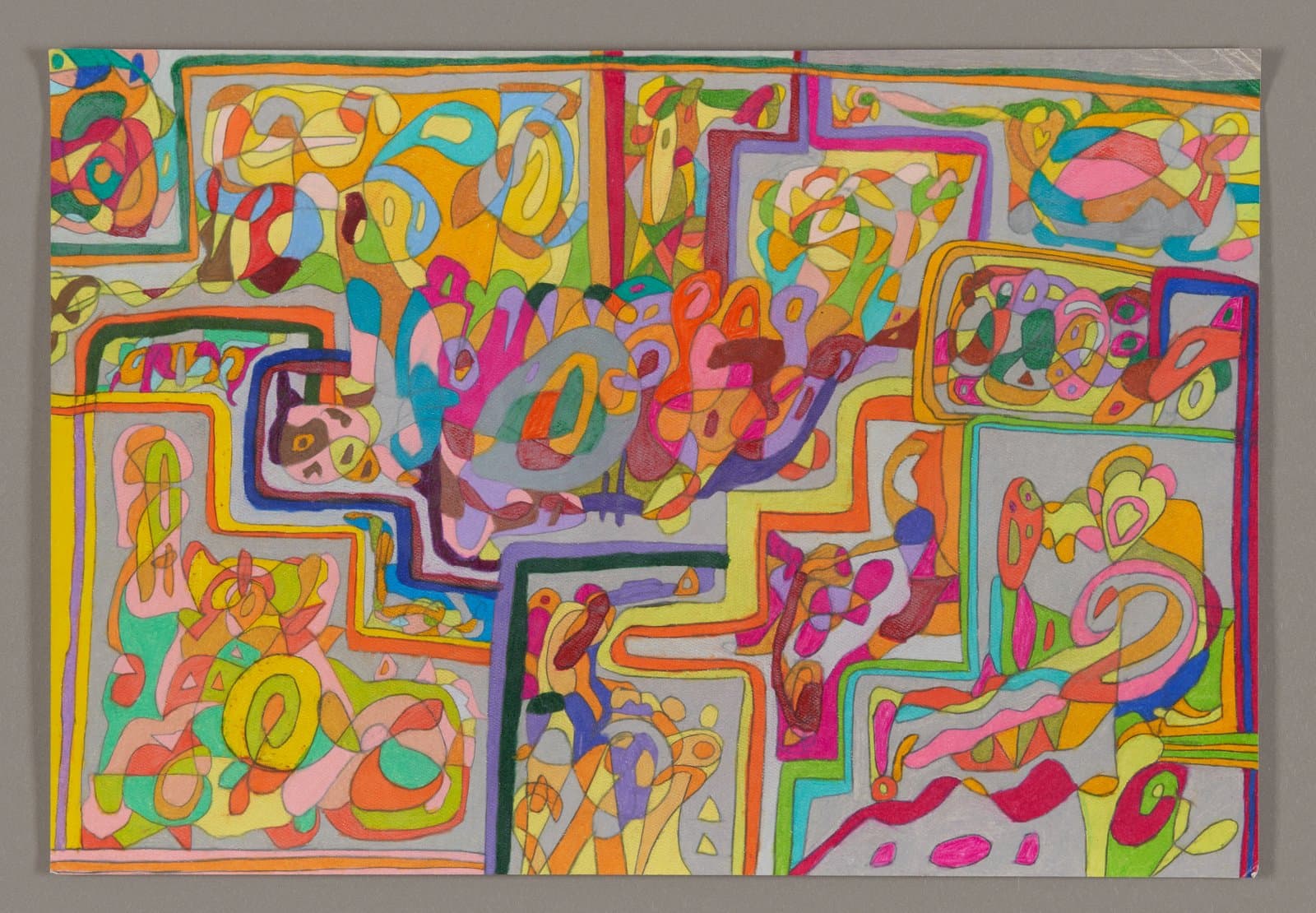 Abstract drawing with vibrant geometric shapes and flowing lines in multiple colored sections on paper