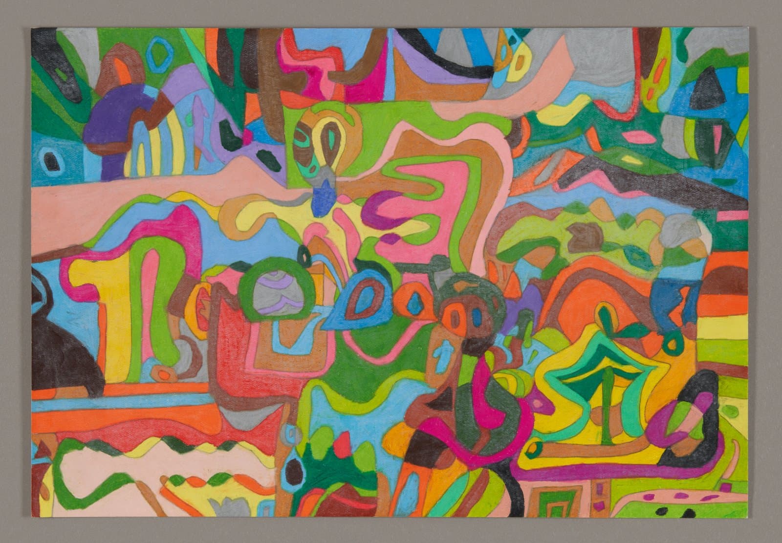 Abstract drawing with vibrant interlocking shapes and forms in multiple bright colors using Color Stix and graphite on paper