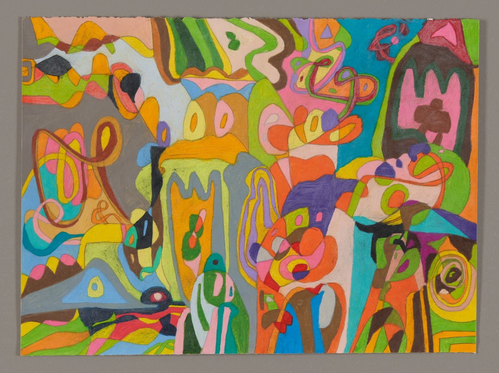 Abstract drawing with vibrant swirling forms and geometric shapes in mixed media on paper