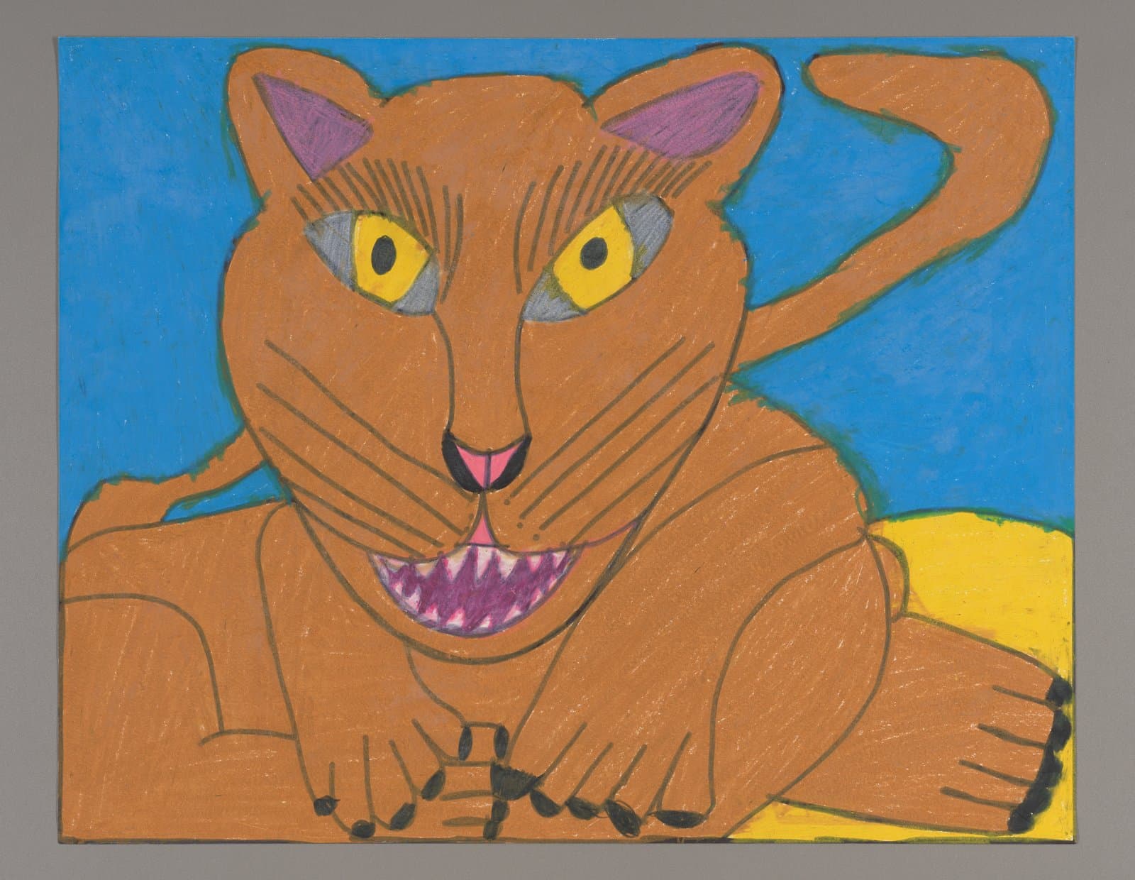 Drawing of orange cat with yellow eyes and purple mouth on blue background, color stix and marker on paper