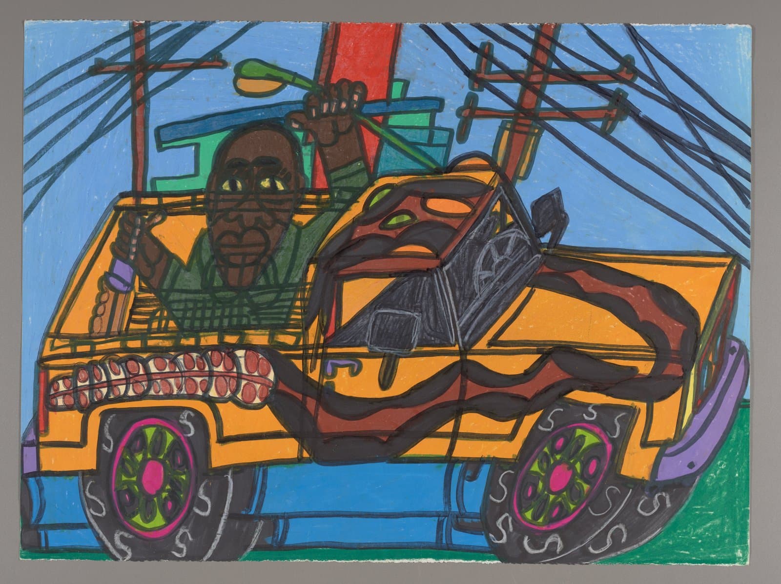 Drawing of orange pickup truck with figure and cargo, color stix and marker on paper