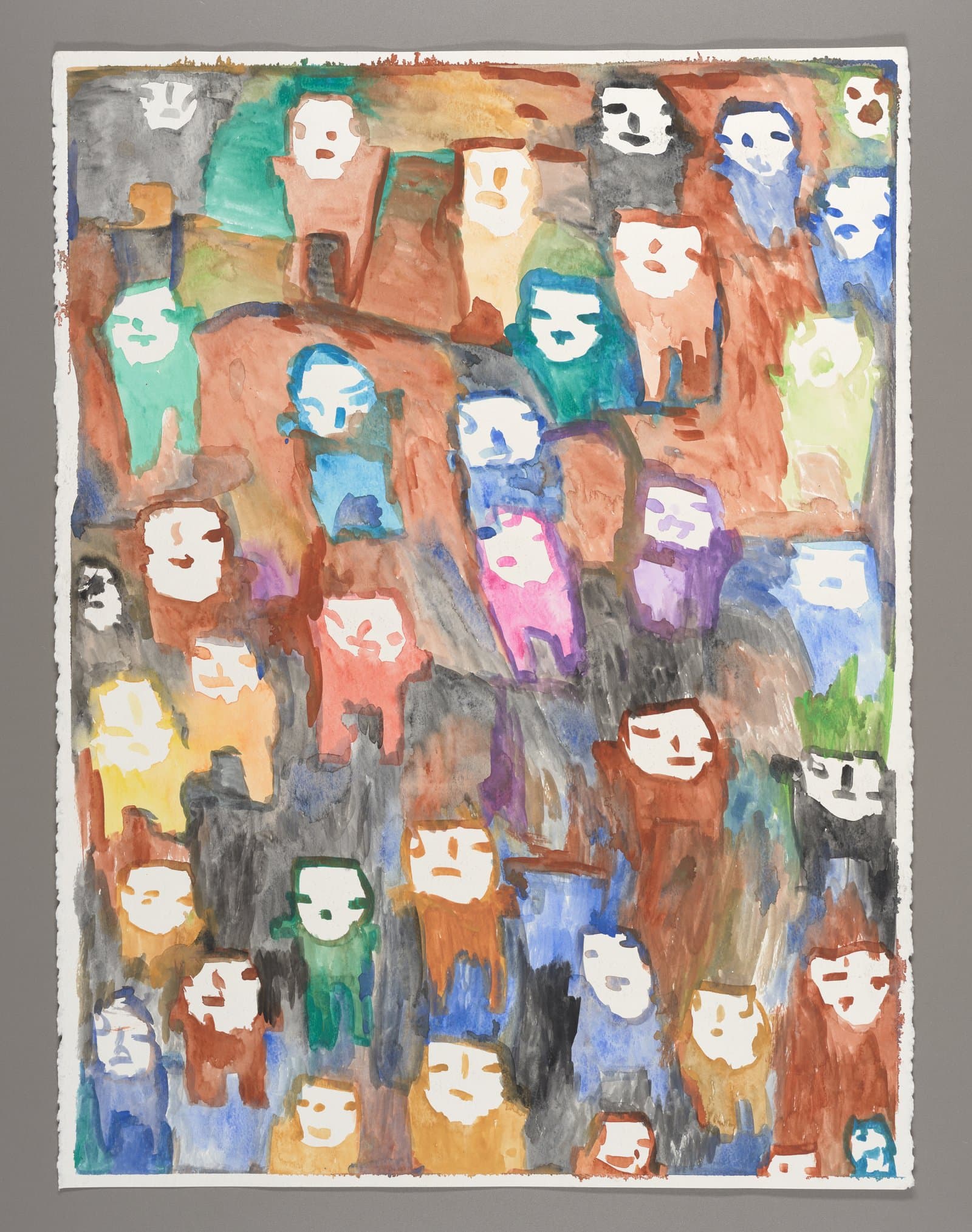 Watercolor painting showing dozens of simplified faces in various colors scattered across the composition