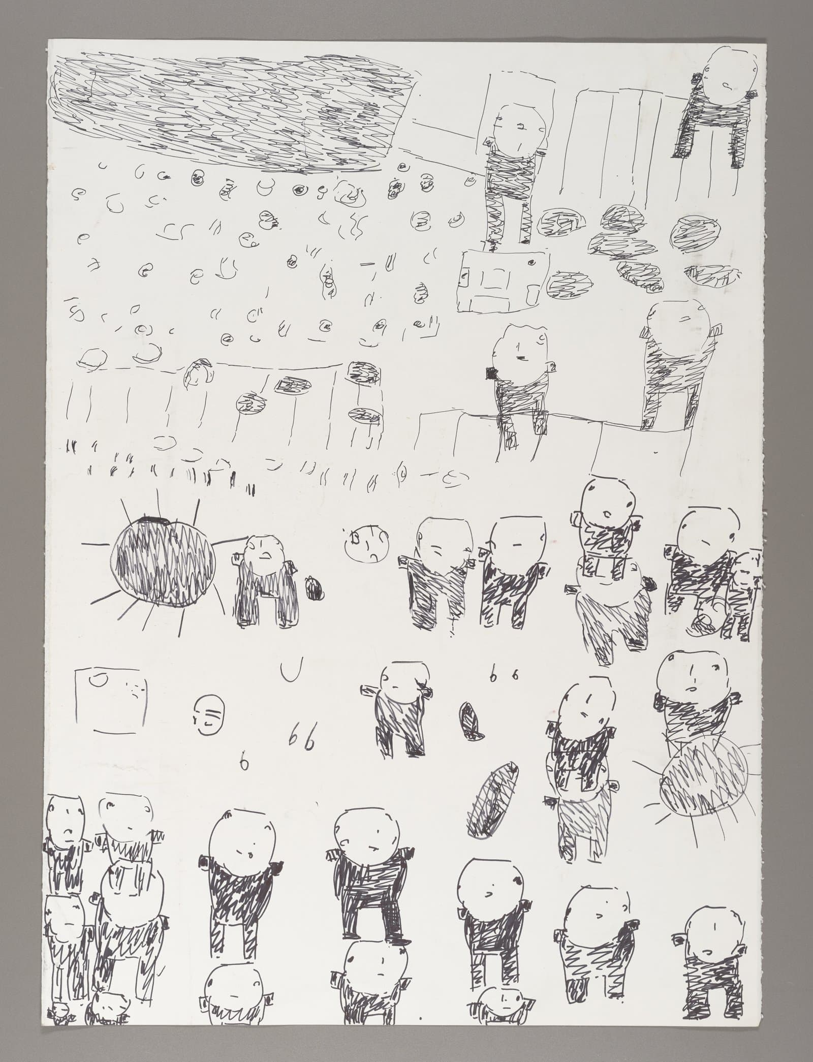 Drawing of numerous small stick figures scattered across white paper, rendered in black ink