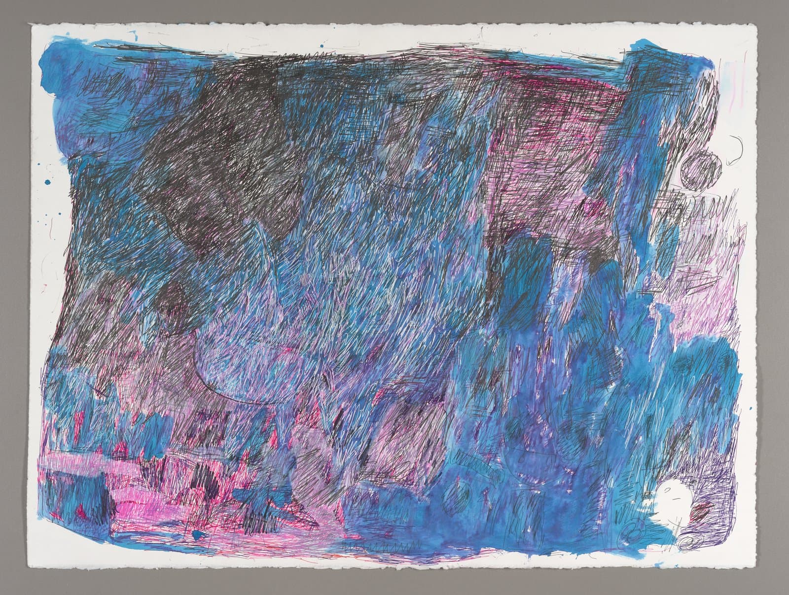 Abstract drawing with dense crosshatched marks in blue, purple, and pink ink on white paper