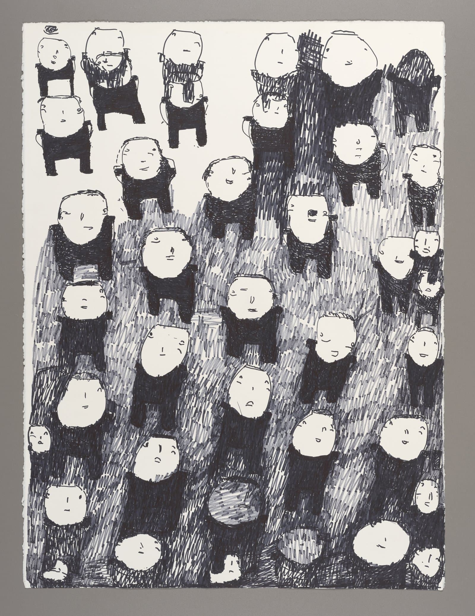 Drawing of multiple simplified human figures with round heads and black bodies, arranged across white paper in ink