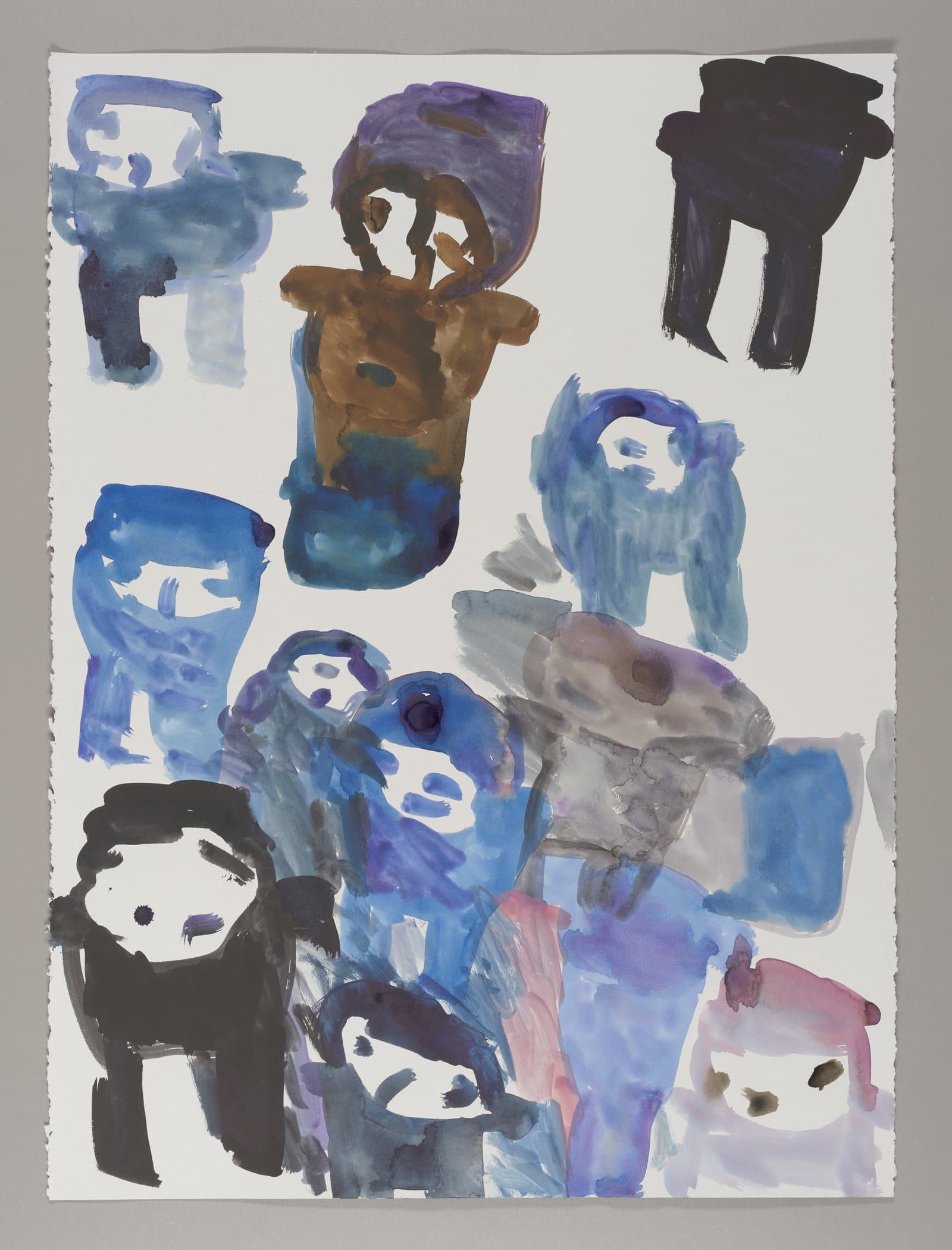 Watercolor painting with multiple abstract figures in blue, purple, brown, and black on white paper