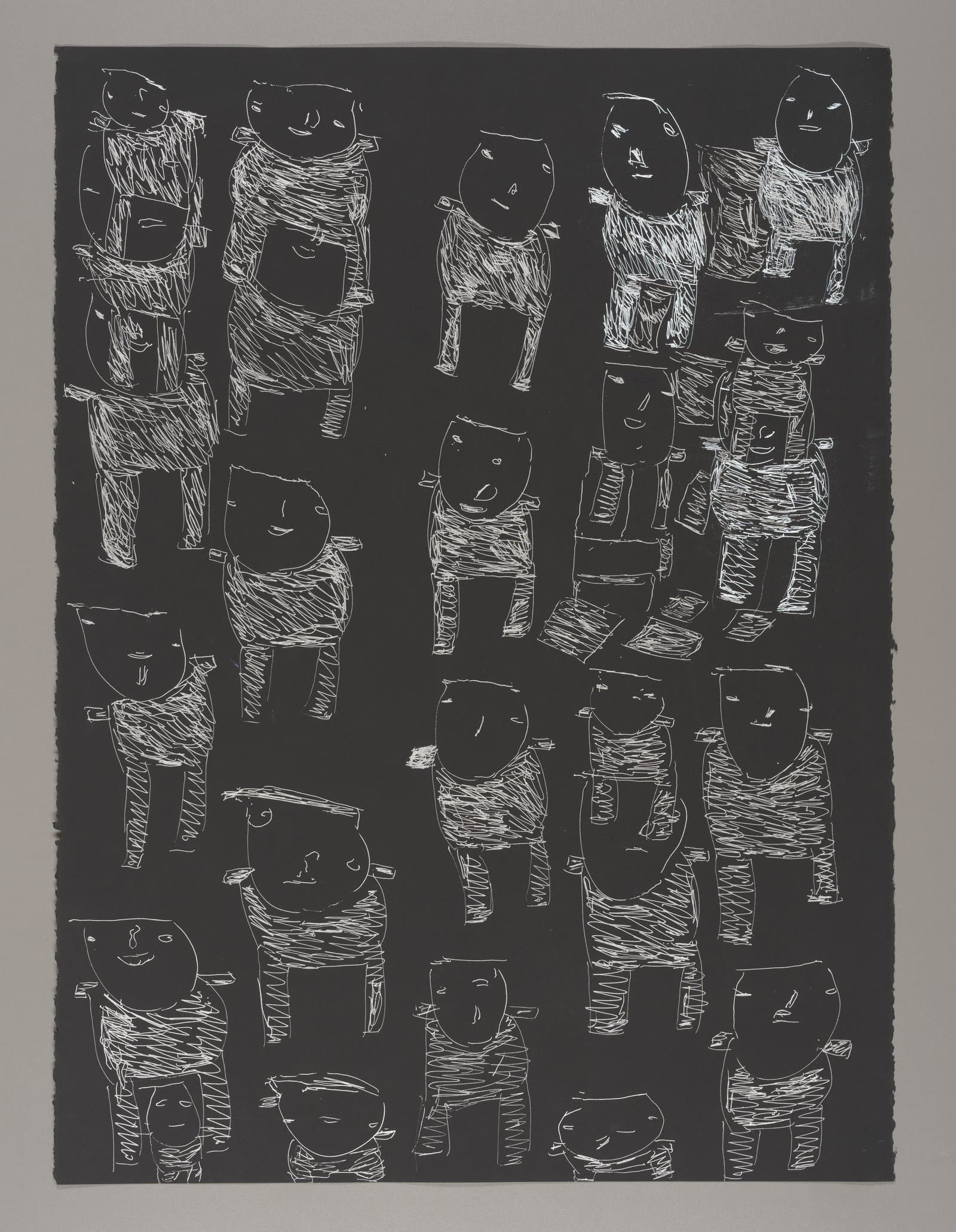 Drawing of multiple cat-like figures in white gel pen on black paper, arranged in rows across the composition