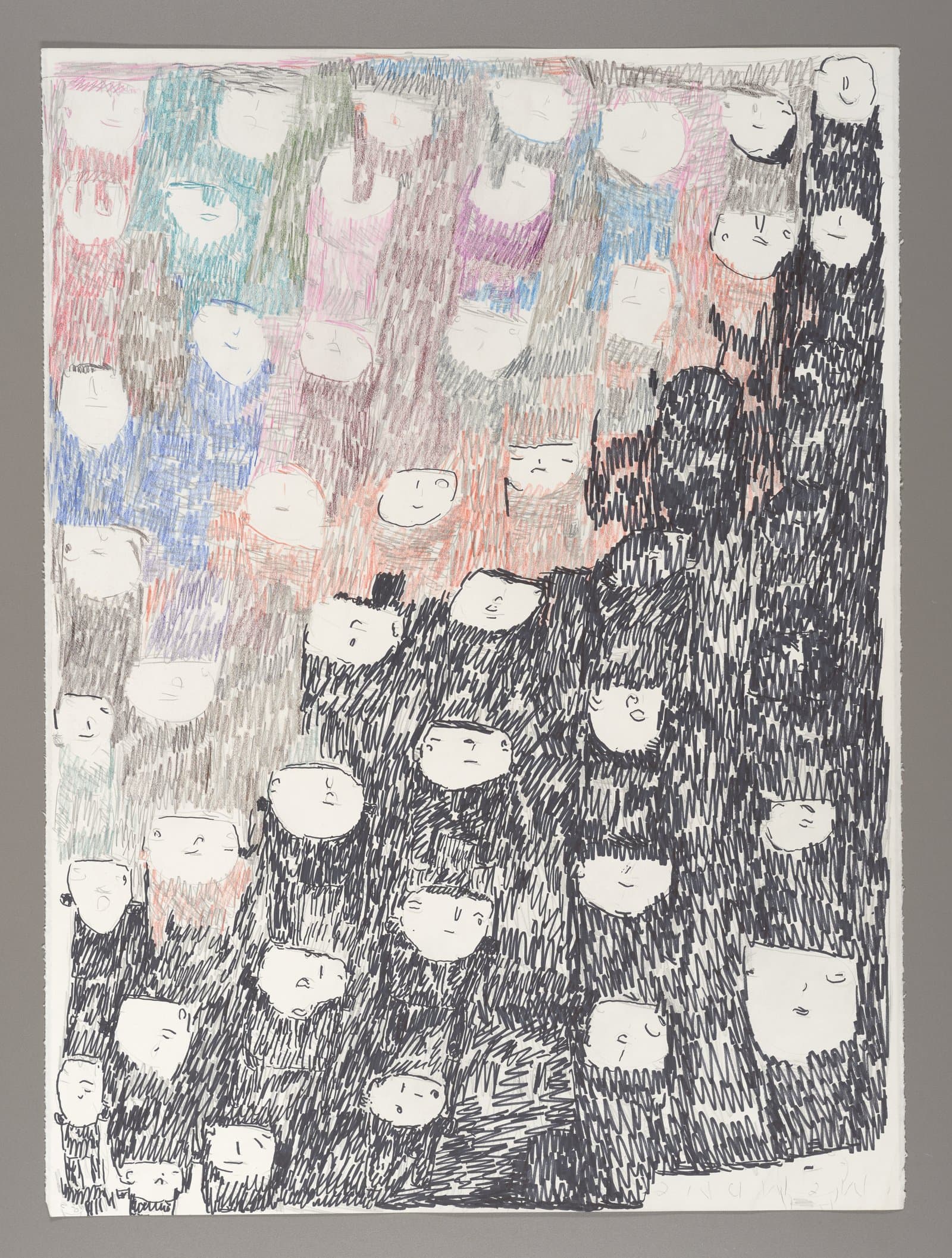 Mixed media drawing with numerous white faces scattered across colorful and black scribbled background on paper