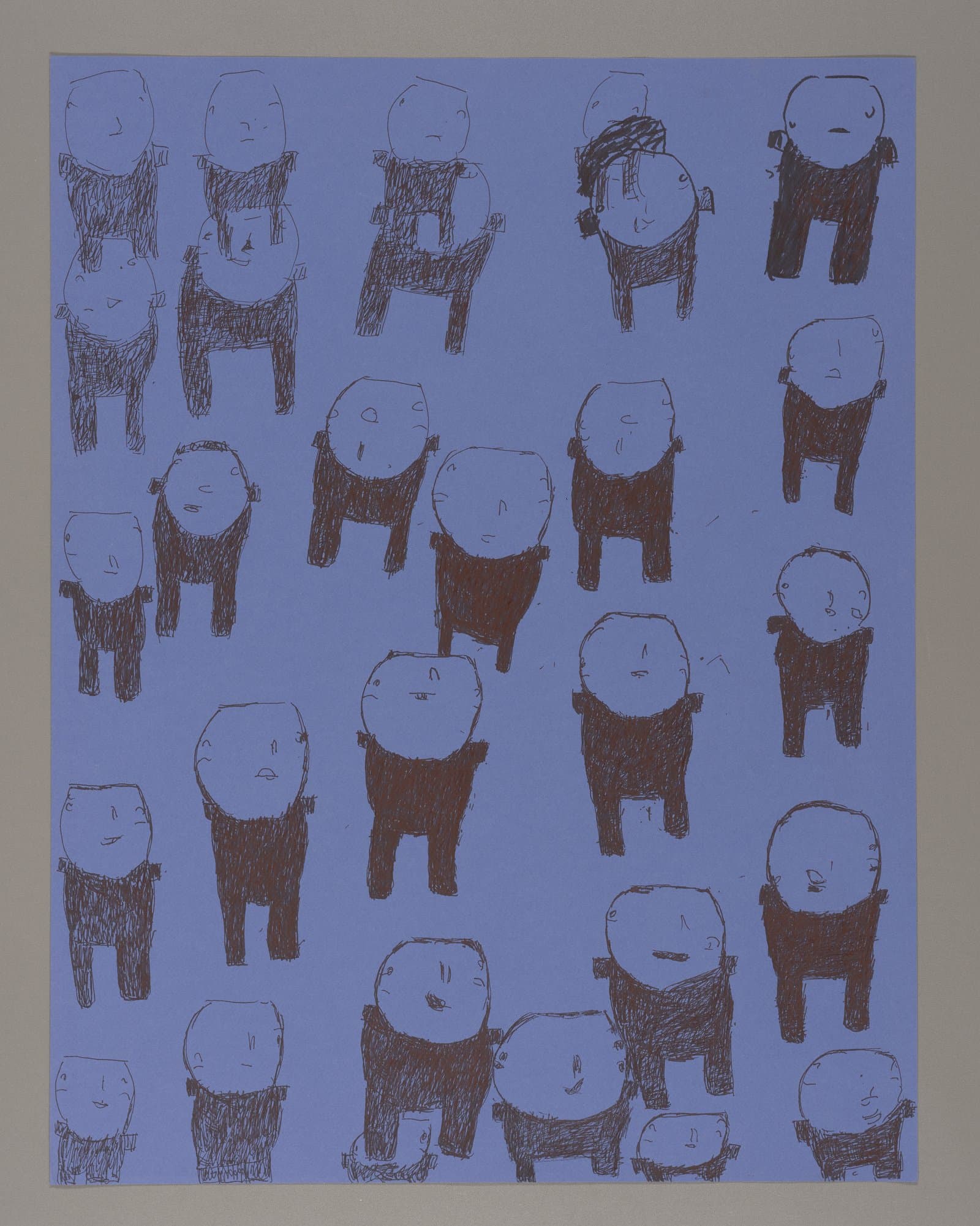 Drawing of multiple simplified figures with round heads and dark bodies scattered across blue paper in gel pen