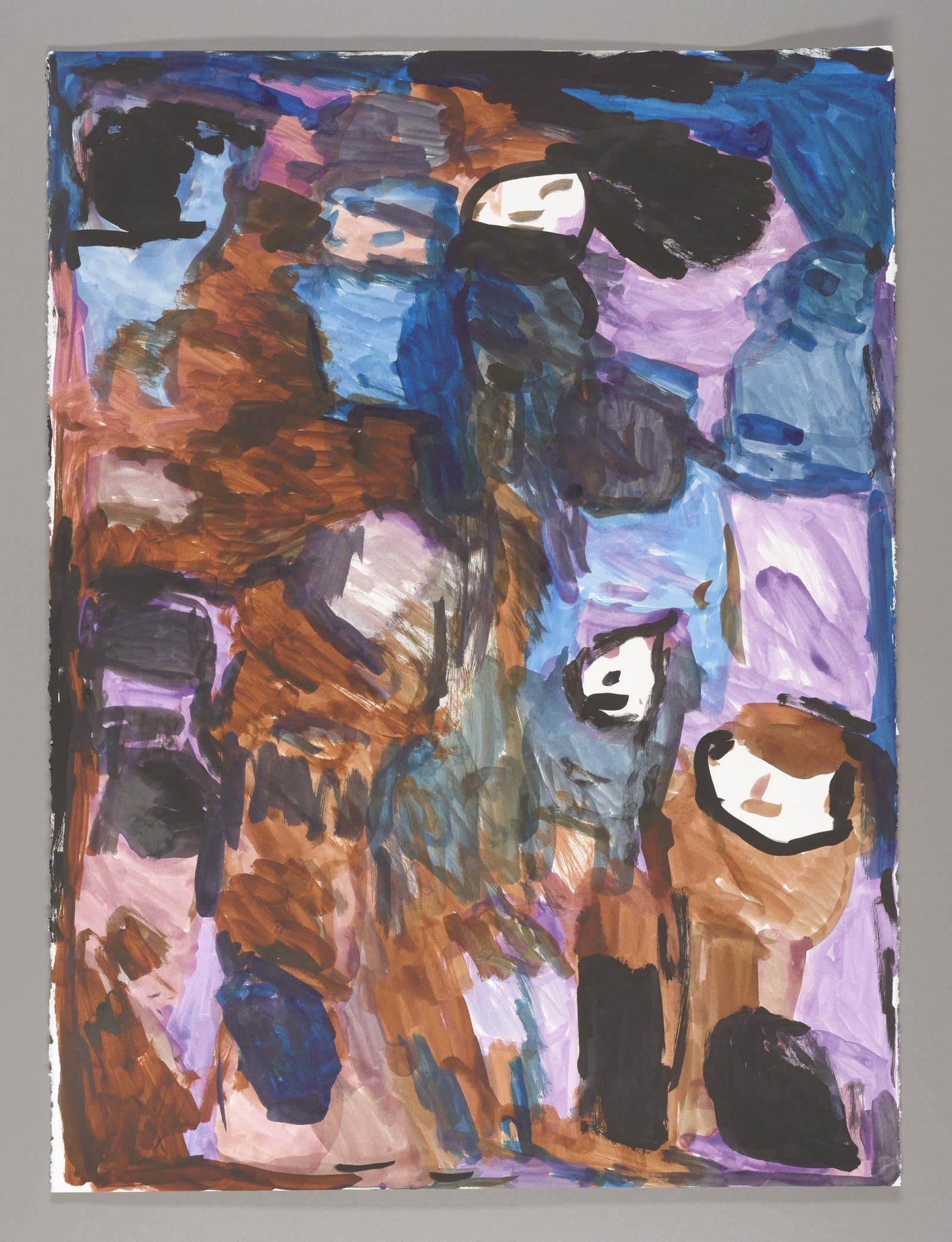 Abstract watercolor painting with multiple human figures in blues, purples, oranges, and browns