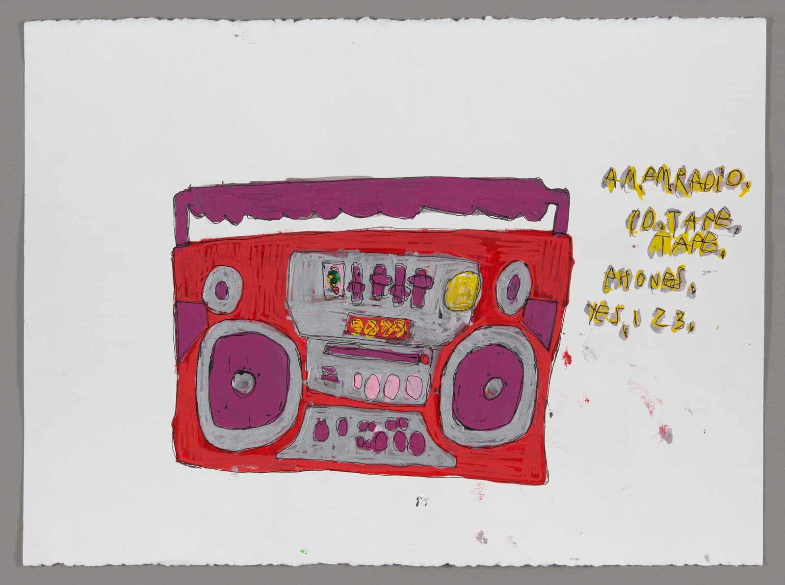 Watercolor painting of red boombox with purple speakers and cassette deck, yellow text on white paper