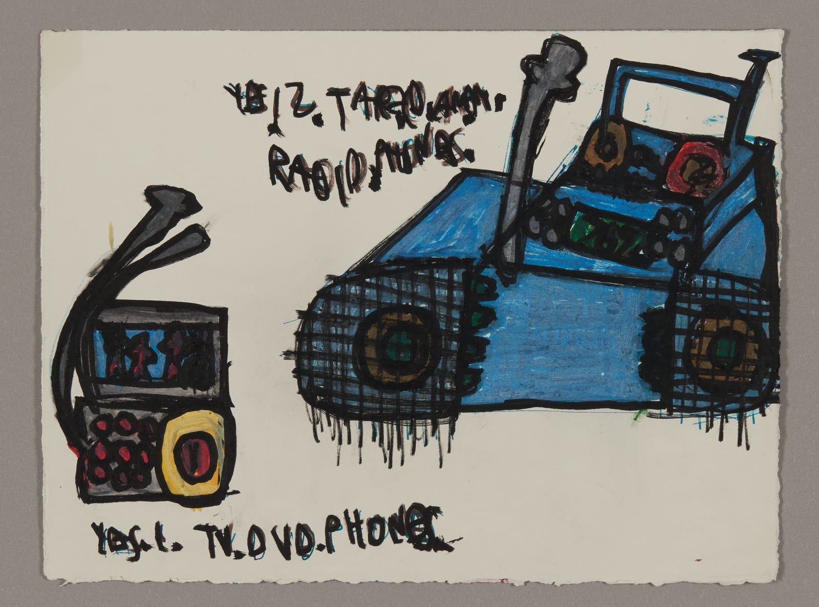 Drawing of blue tractor with black wheels and electronic devices, acrylic and ink on paper