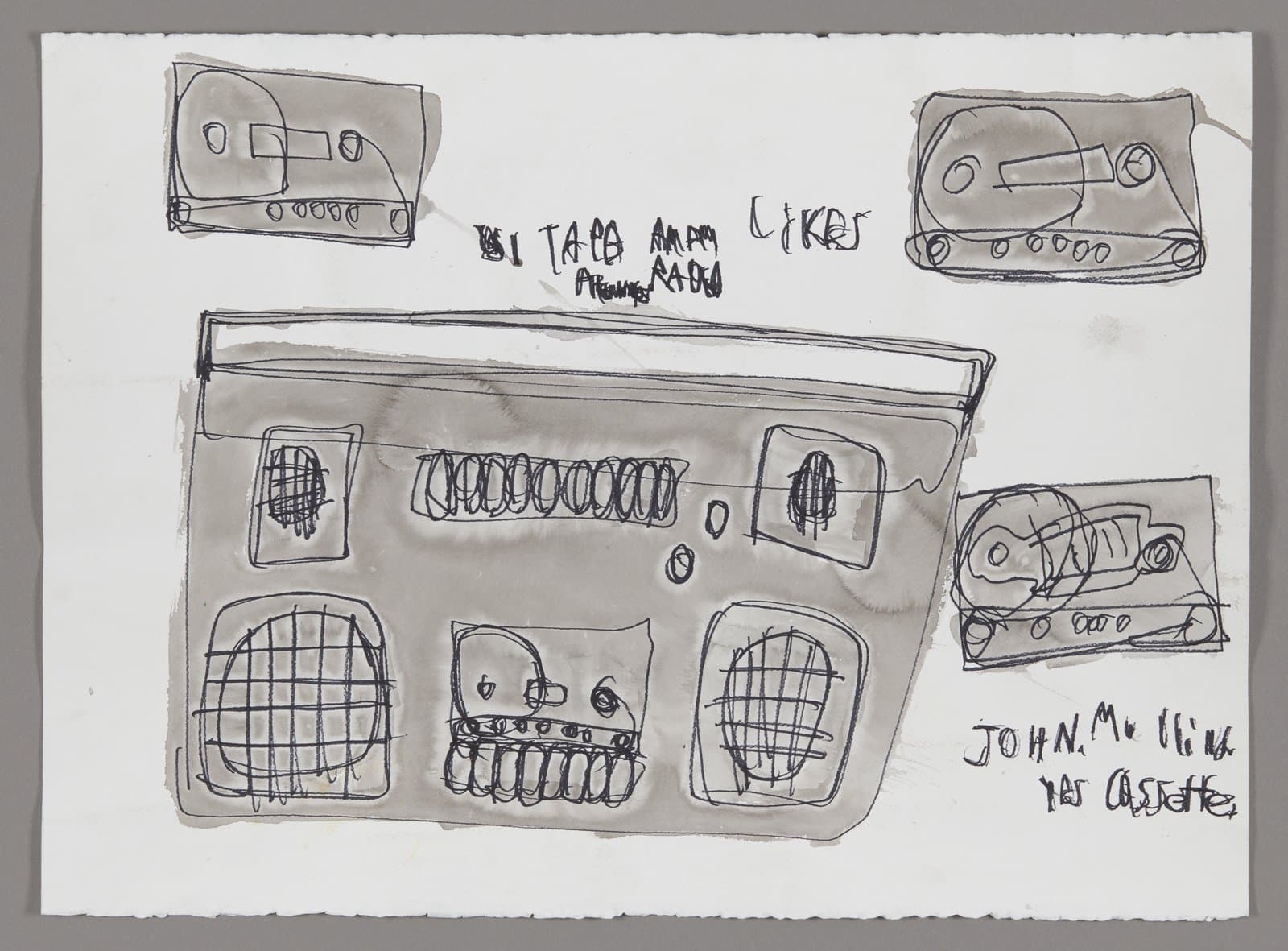 Ink and watercolor drawing of a boombox with cassette tapes, featuring grid patterns and handwritten text