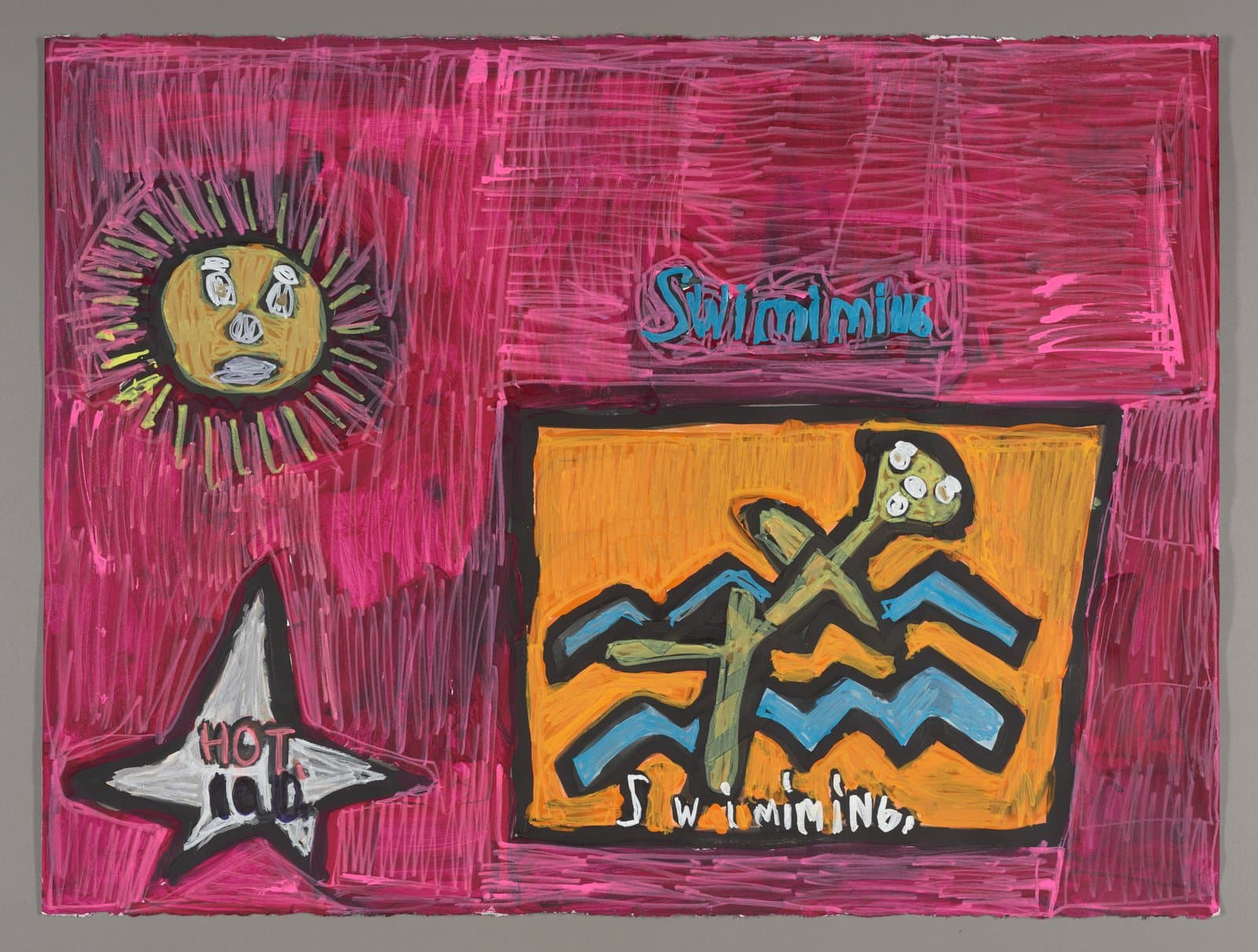 Mixed media drawing with pink background featuring a sun, star, anchor, and text in multiple sections